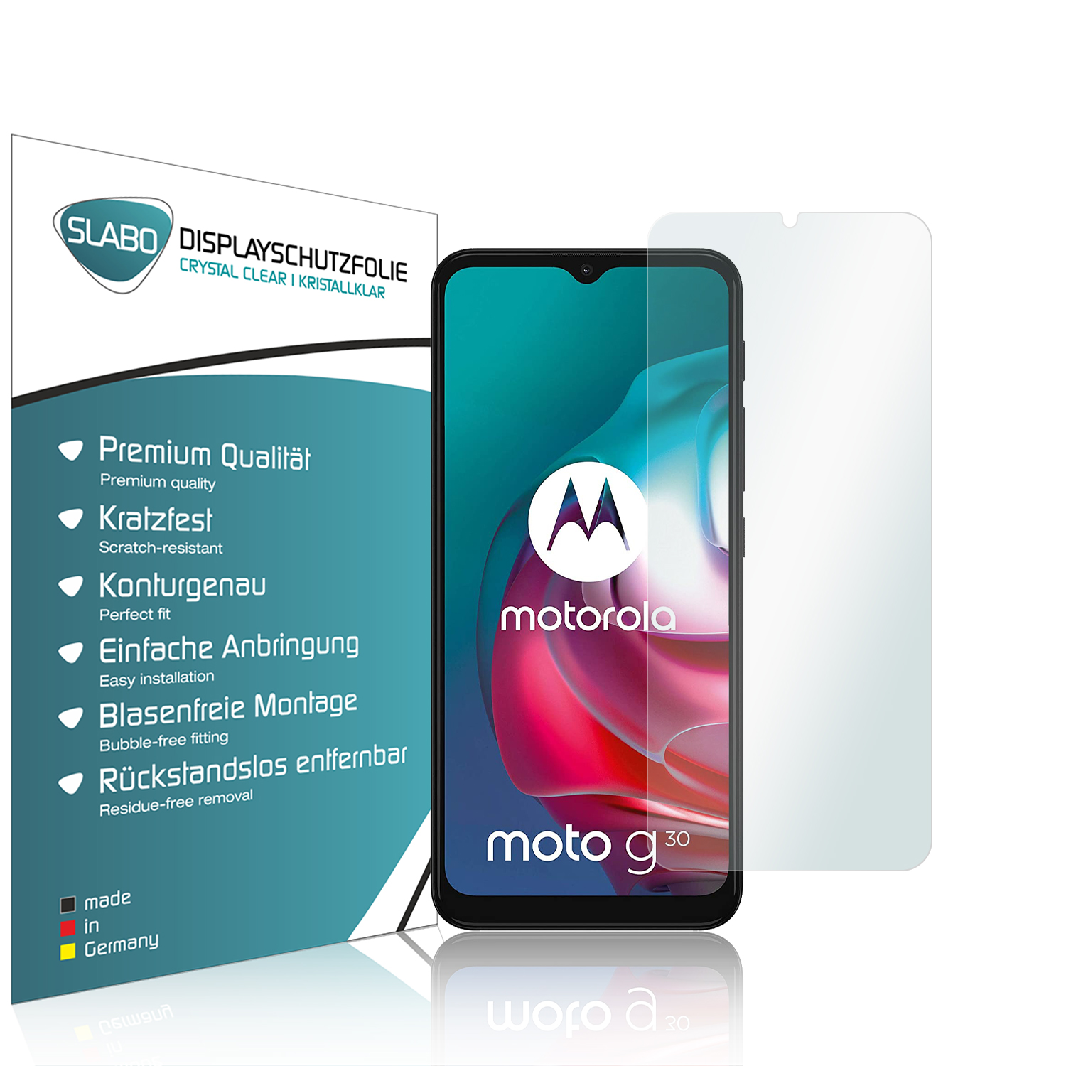 Motorola-Telefon mit Displayschutzfolie. Schutzfolienpaket links. Transparente Schutzfolie rechts.