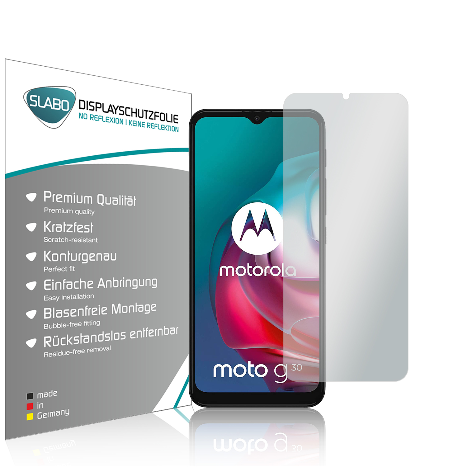 Motorola-Telefon mit Displayschutzfolie und Verpackung mit Text, weißer Hintergrund.