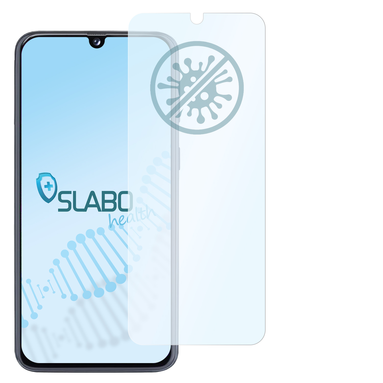 Ein Smartphone mit aufgebrachter Displayschutzfolie. Der Schutz hat ein Virus-Symbol.