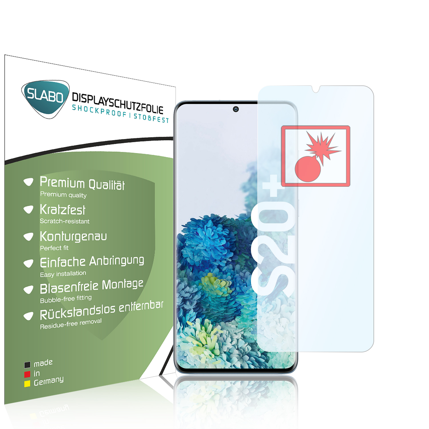 Ein Telefon mit angebrachter Displayschutzfolie, neben der Verpackung der Schutzfolie und Textetiketten.