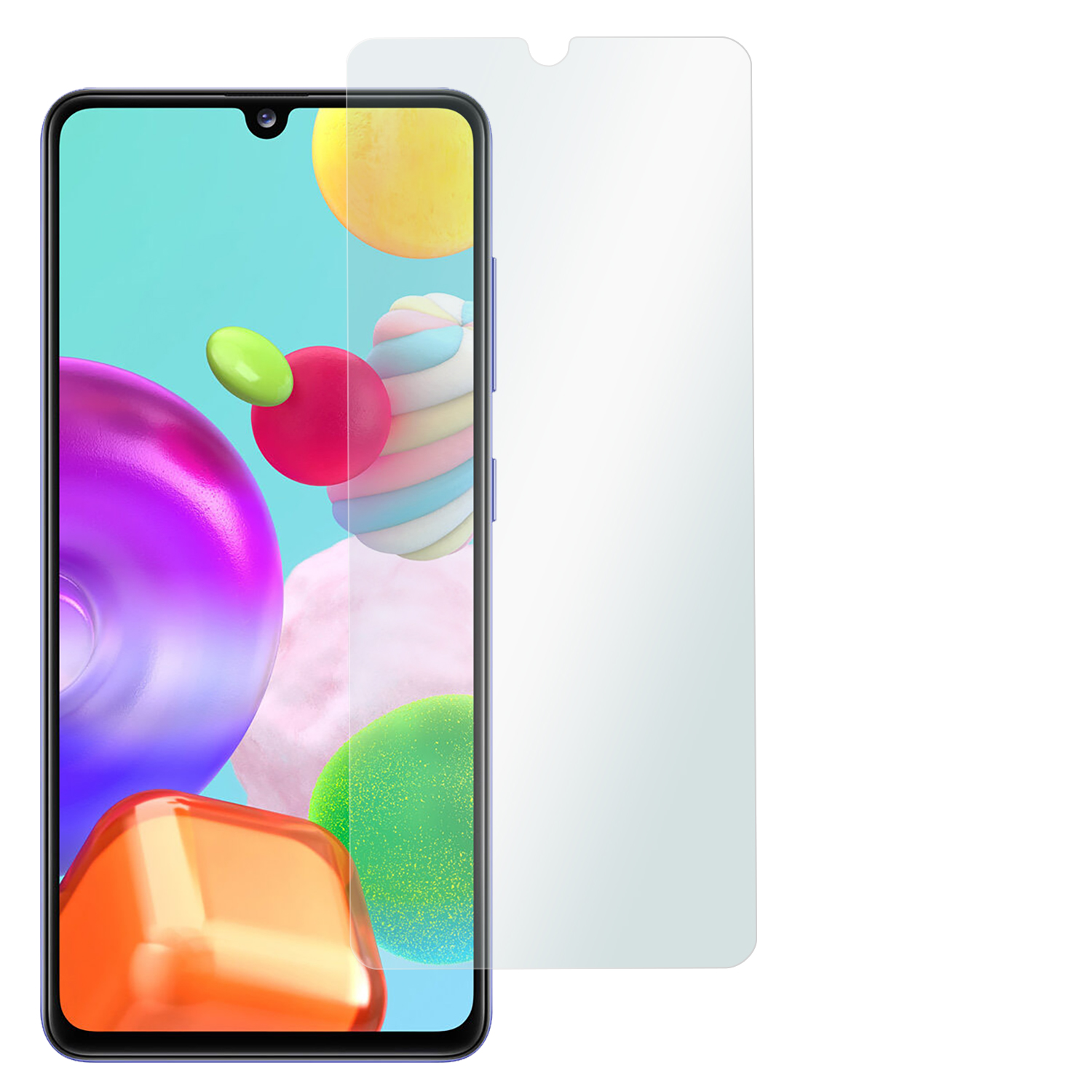 Ein Smartphone mit aufgetragener Displayschutzfolie. Das Telefon ist blau, die Schutzfolie ist klar.
