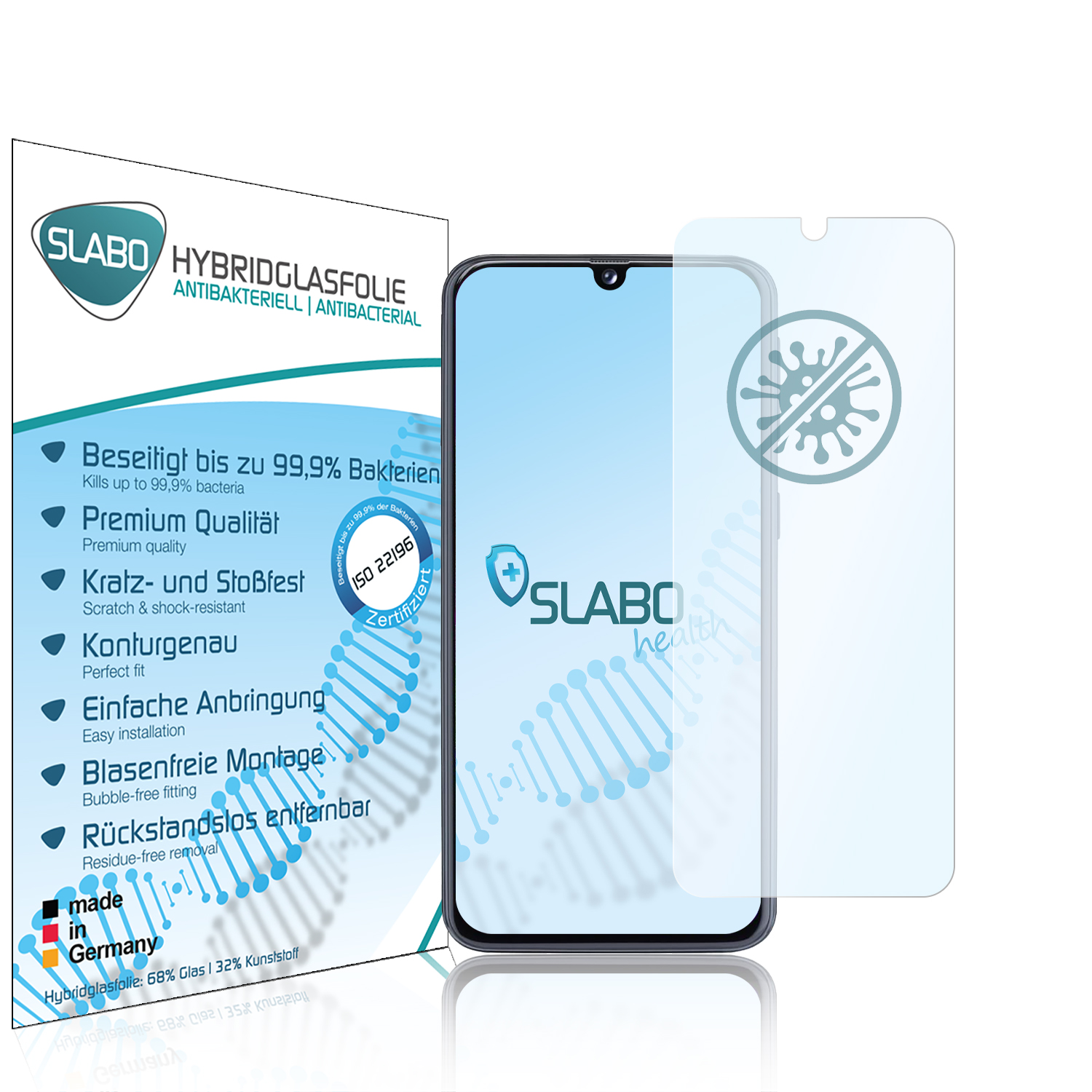 Ein Telefon mit Displayschutzfolie und eine Schachtel. Auf der Schachtel steht Slabo Hybridglassfolie.