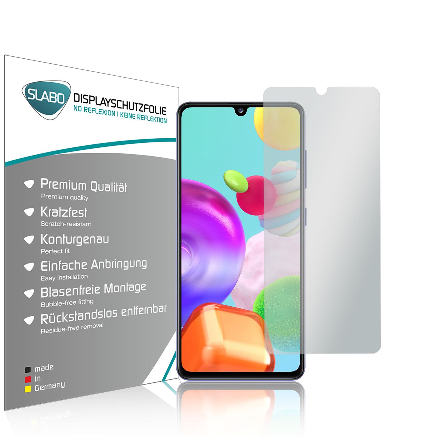 Handy-Displayschutzfolie neben einem Telefon, mit Text, der Premiumqualität und einfache Installation anzeigt.