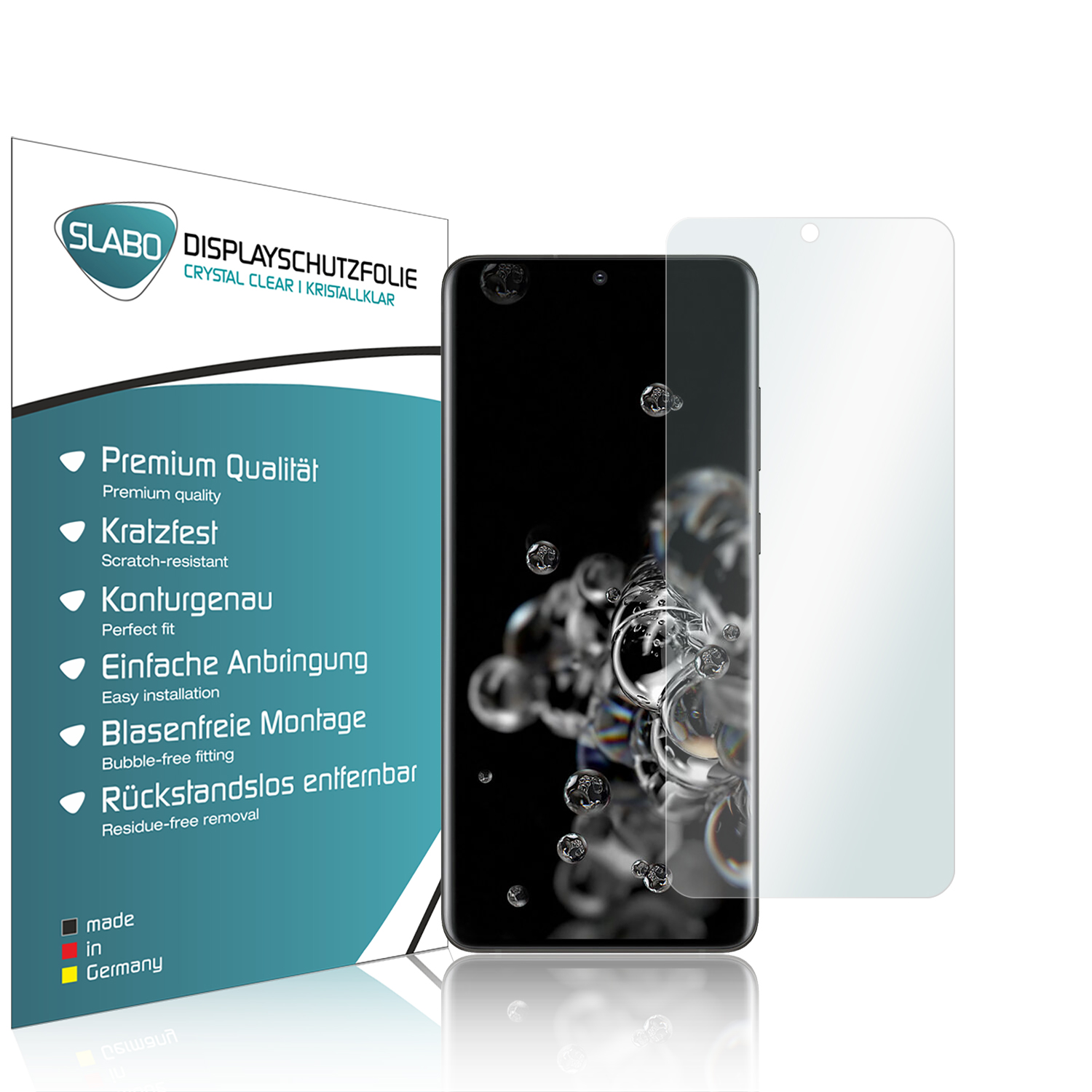 Displayschutzfolie mit Smartphone und Box mit Text zum Produkt.