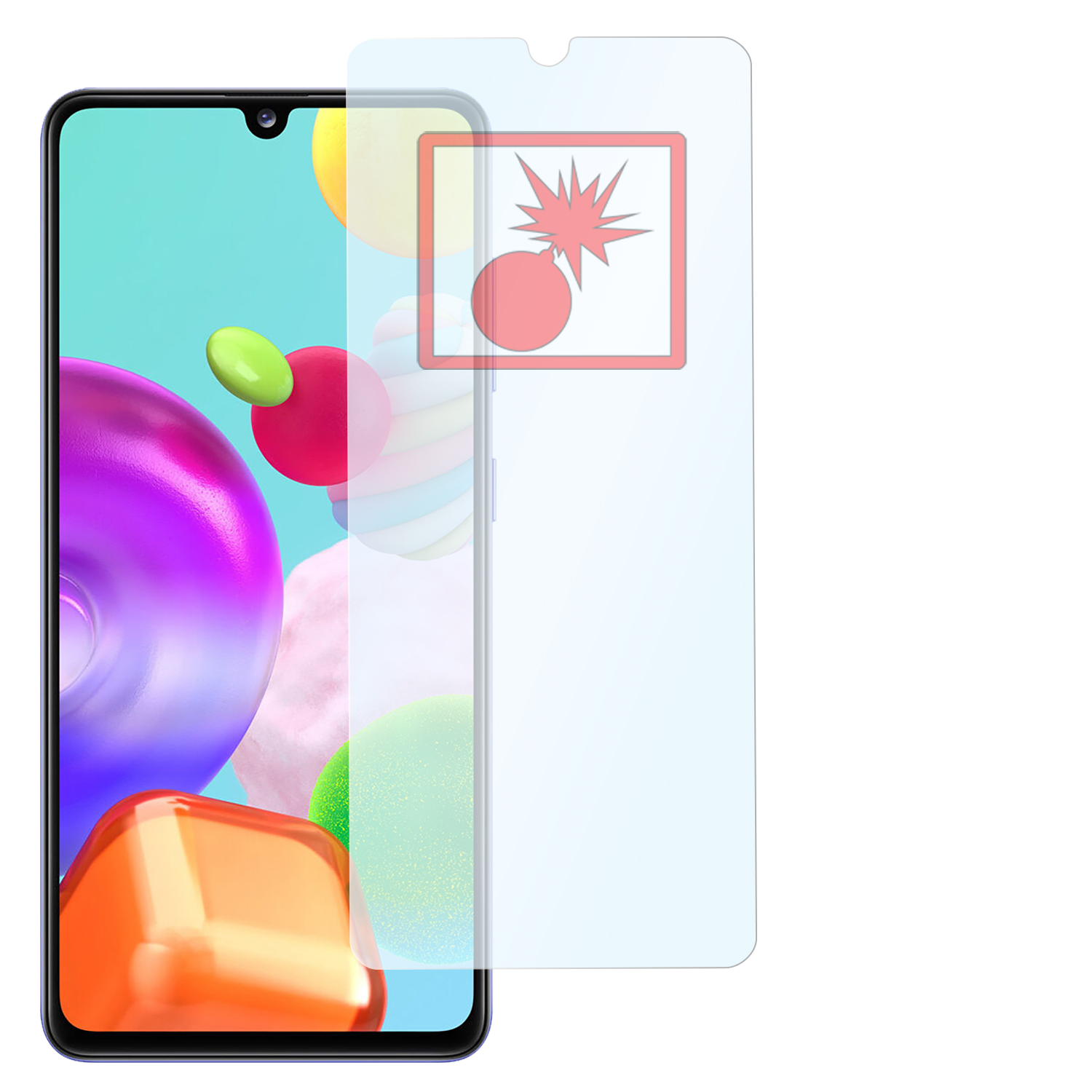 Smartphone mit Displayschutz. Es zeigt eine Rissgrafik. Das Telefon hat einen lila Rahmen.