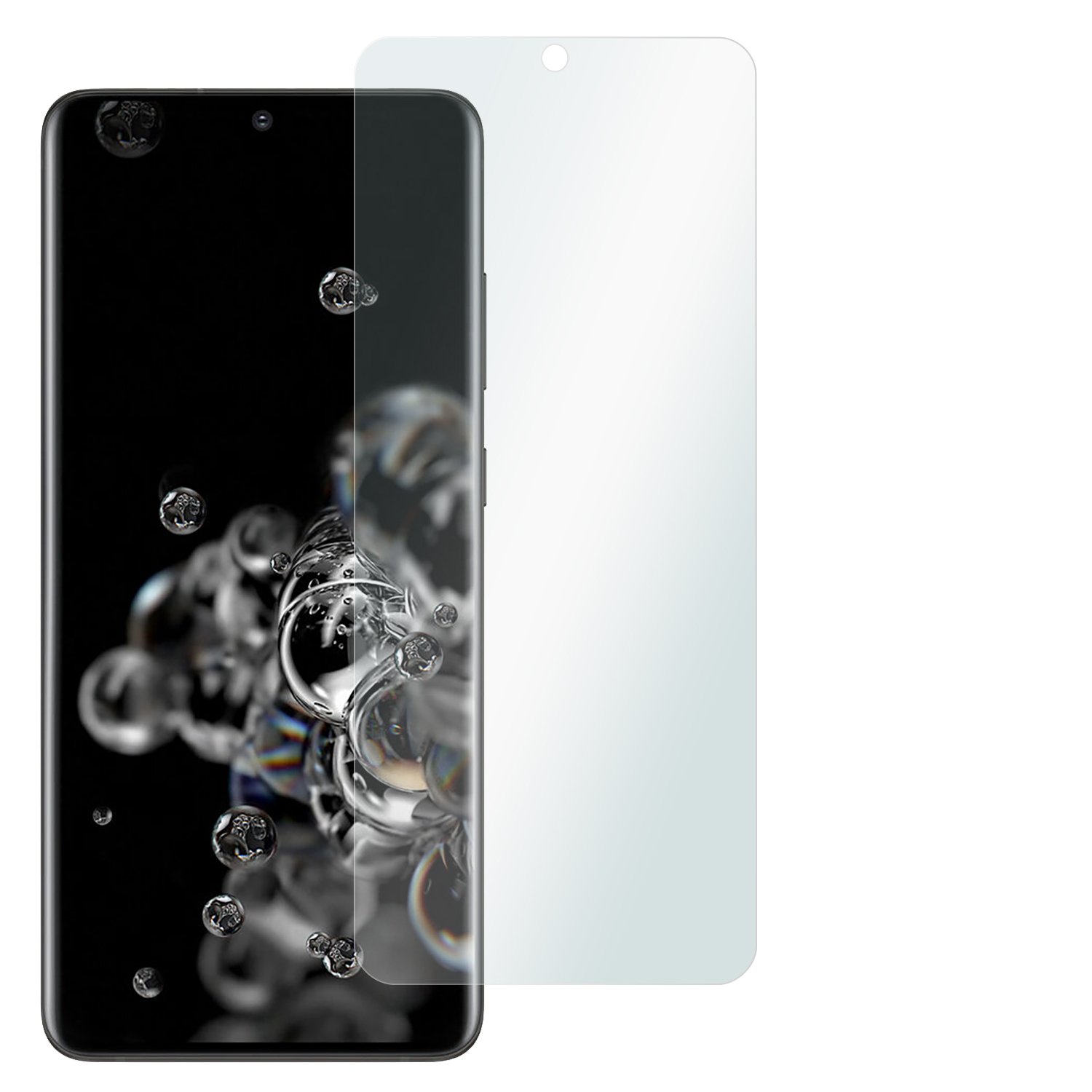 Ein Telefon mit Displayschutz und Blasen auf schwarzem Hintergrund. Das Telefon ist sichtbar.