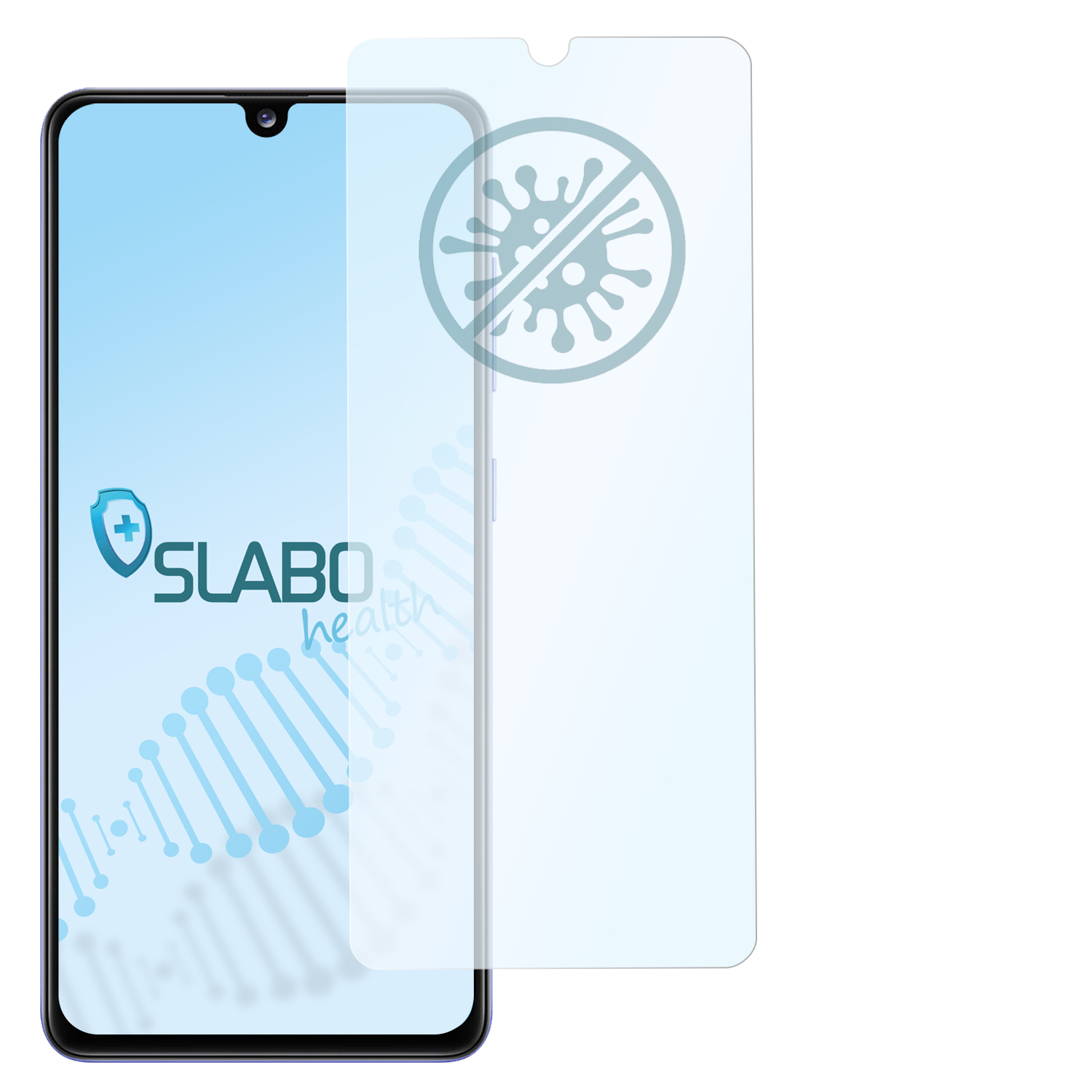 Telefonbildschirm mit angebrachter Displayschutzfolie und einem Virus-Symbol auf weißer Oberfläche.