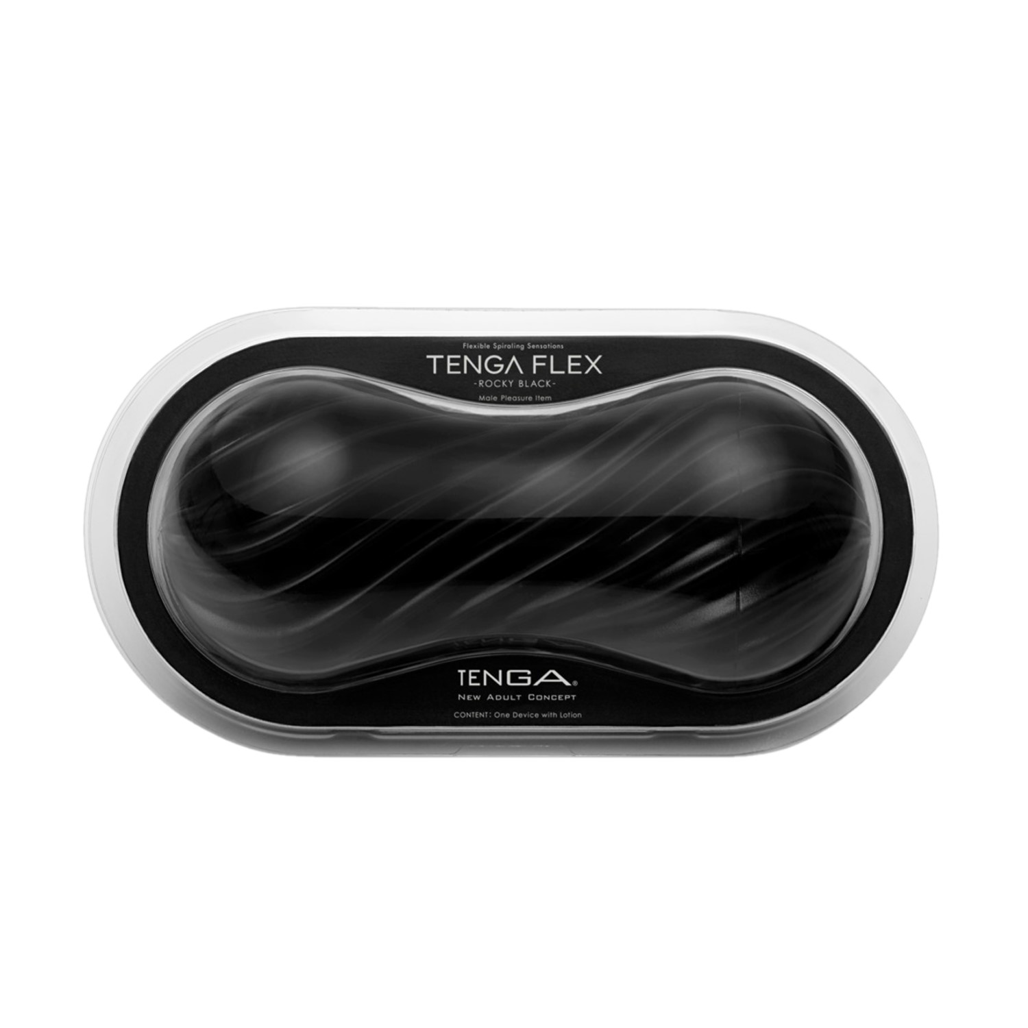 Czarna zabawka erotyczna w biało-czarnym etui. Etui i zabawka są owalne. Zabawka jest czarna i ma pofalowaną fakturę.