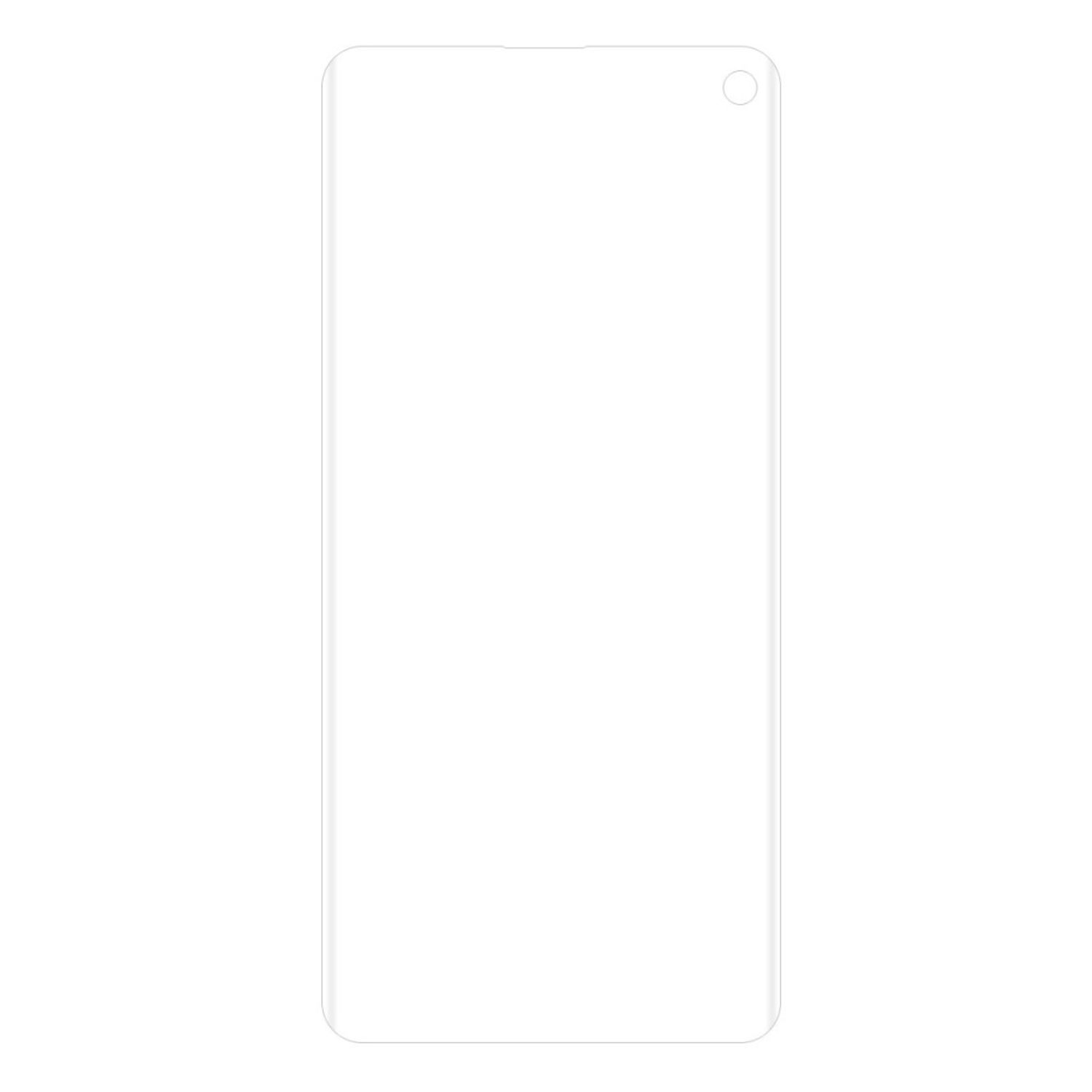 Transparenter Displayschutz für ein Telefon, ein rechteckiges Stück mit Loch oben.