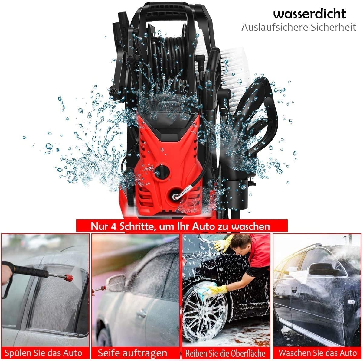 Hochdruckreiniger mit Zubehör und vier Autowaschschritten.