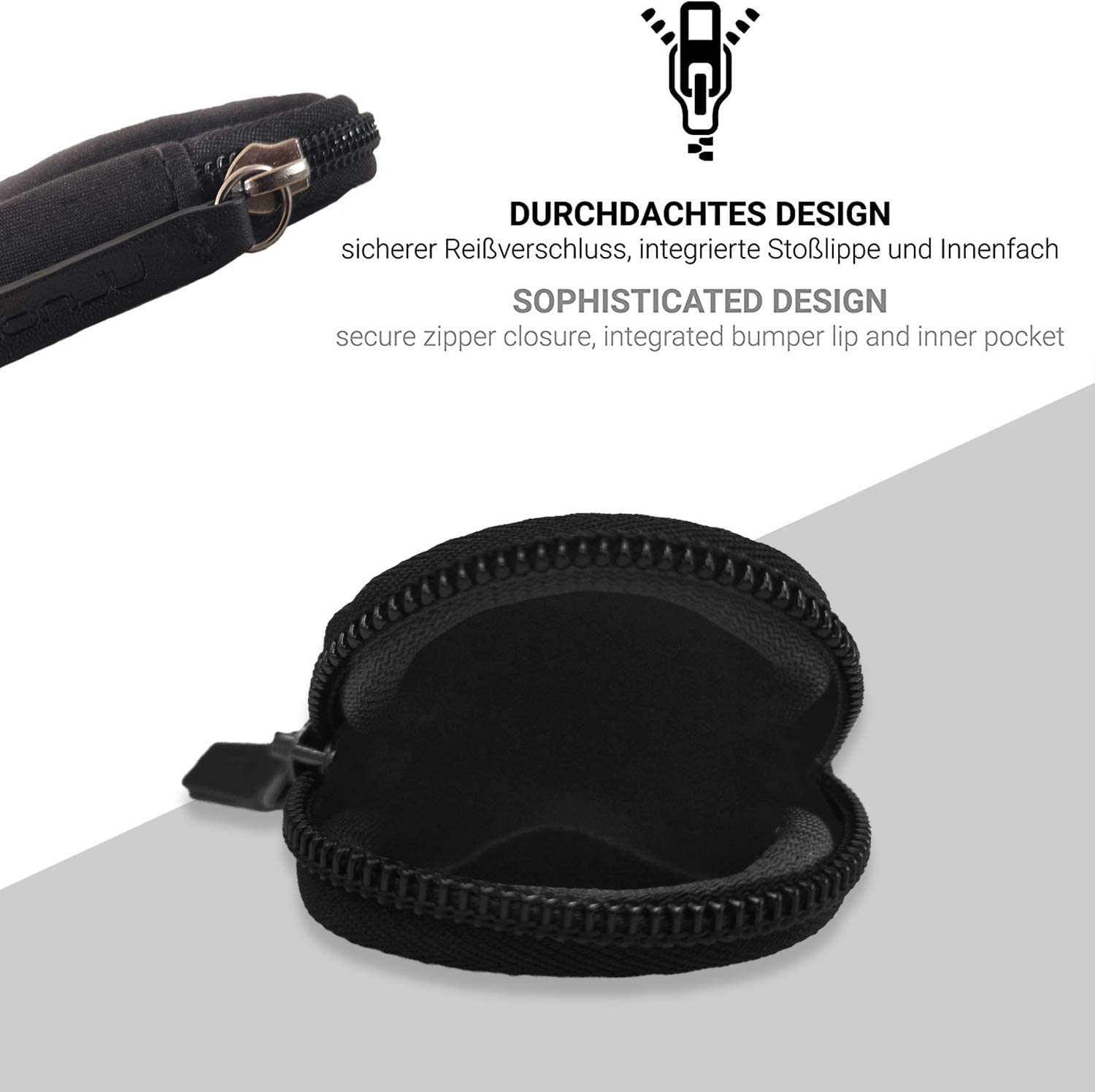 Schwarze, offene, Reißverschlusstasche mit Text und Reißverschluss. Weißer Hintergrund.