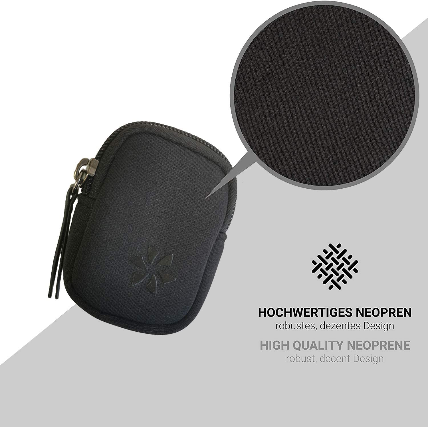 Kleine schwarze Neoprentasche mit Reißverschluss und blumenartigem Design.