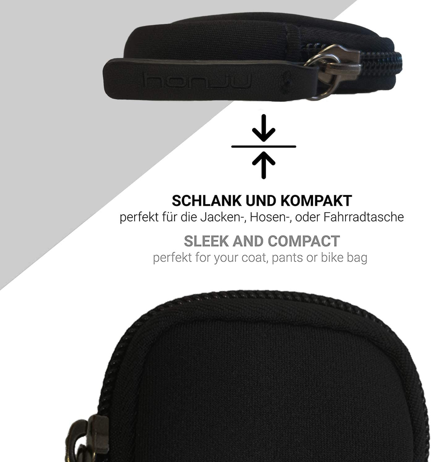 Eine schwarze, schlanke und kompakte Hülle für Ihr Telefon, mit Reißverschluss.