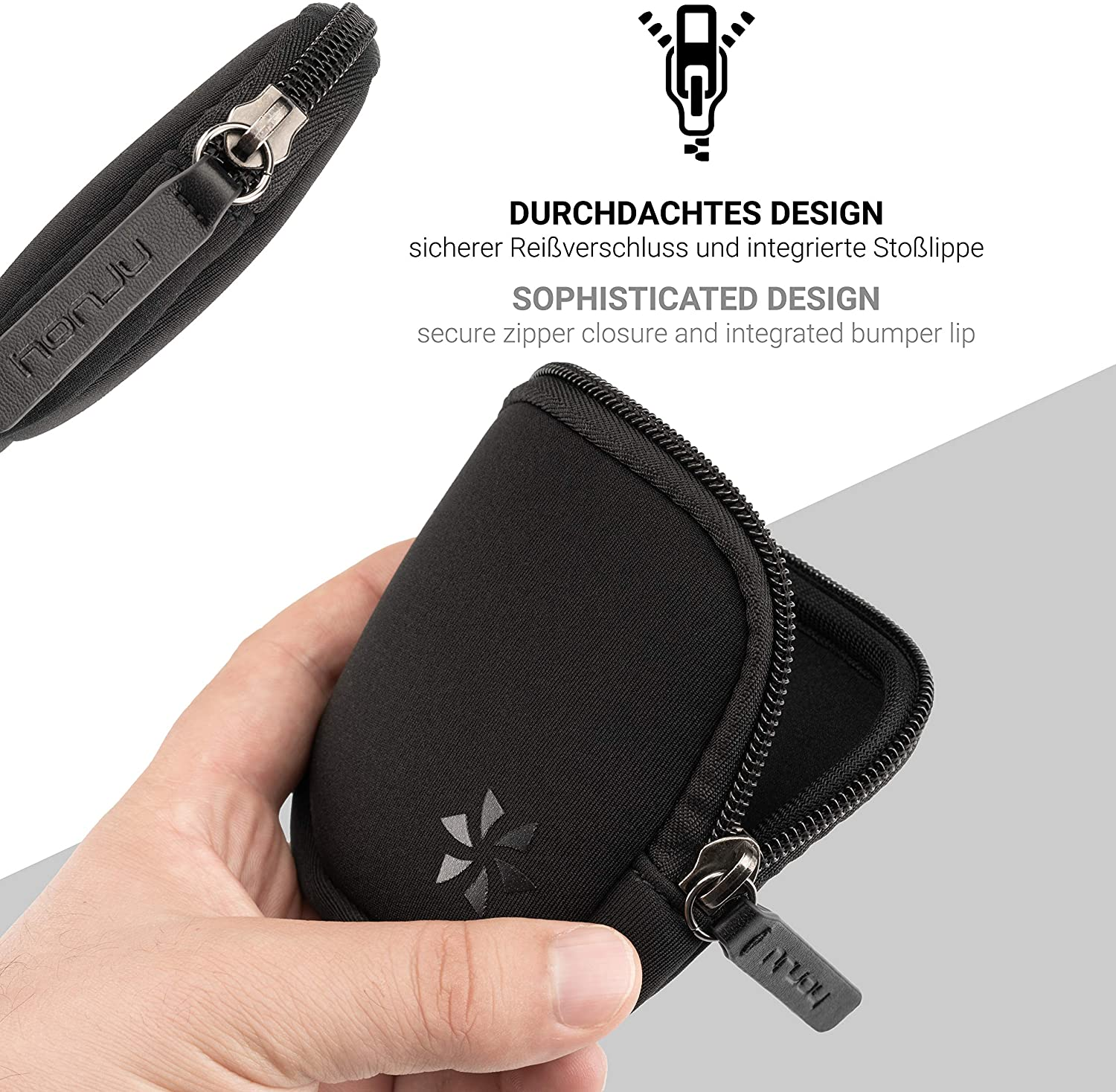 Schwarzes Etui mit Reißverschluss, von Hand gehalten. Text: sicherer Reißverschluss und Stoßfängerlippe.