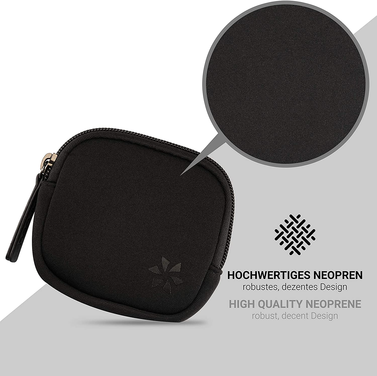 Schwarze Neopren-Tasche mit Reißverschluss, mit Detailaufnahme des Materials.