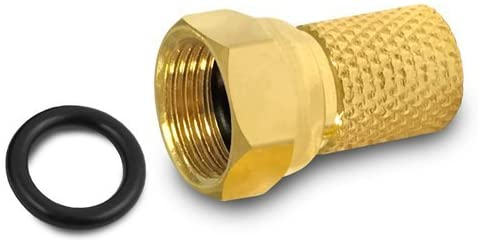 Goldfarbenes Messingfitting mit schwarzem O-Ring. Es hat einen Gewindebereich und eine Sechskantmutter.