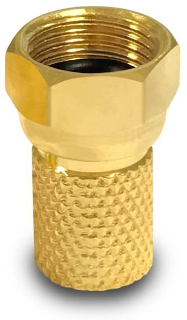 Ein goldfarbenes Ventil mit Sechskantmutter oben und strukturierter Basis auf weißem Hintergrund.