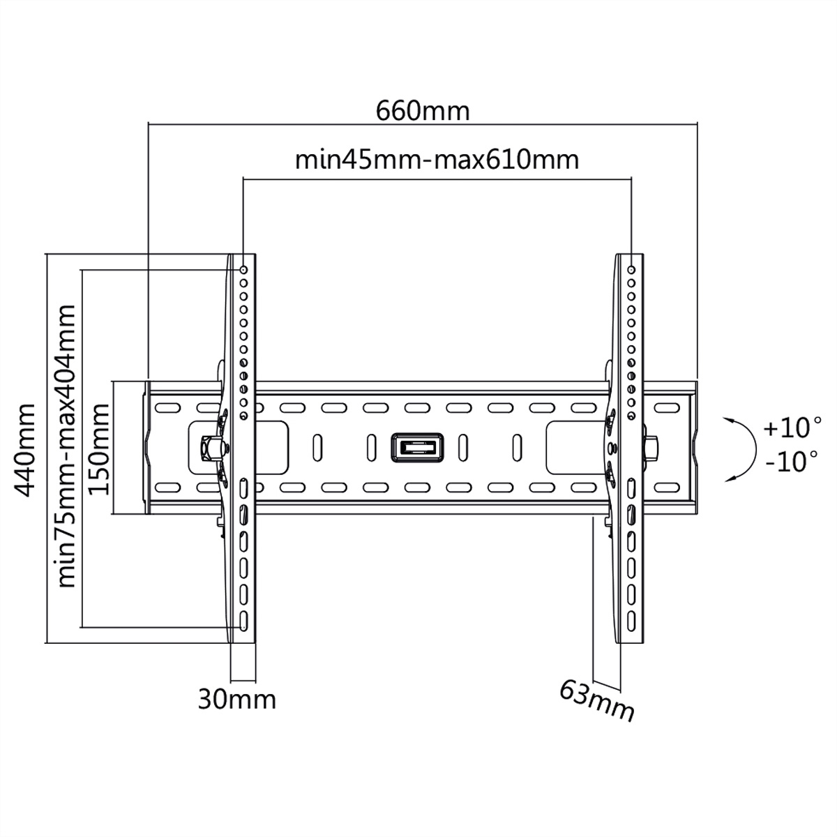 Diagramm einer TV-Halterung mit Maßen.