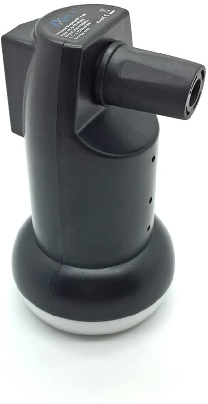 Schwarzer Satellitenempfänger mit weißem Sockel. Es hat ein gebogenes Design.