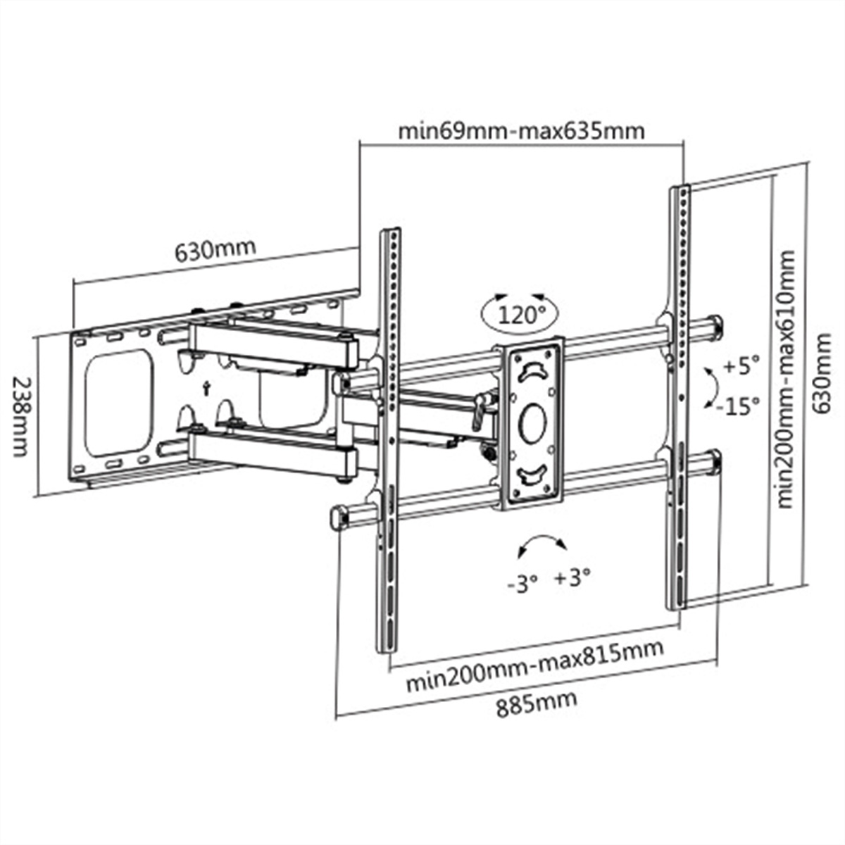 Diagram van een zwarte tv-beugel met afmetingen en hoeken, op een witte achtergrond.
