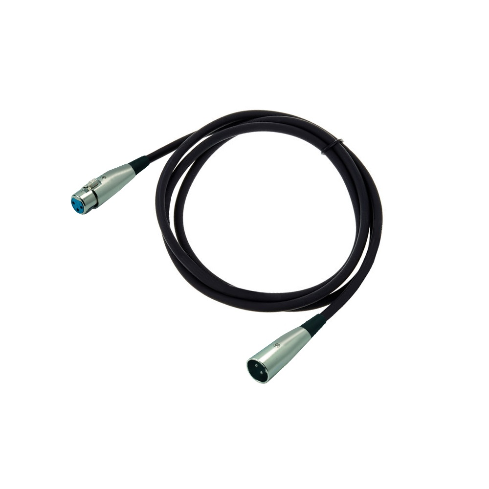 Schwarzes Kabel mit zwei silbernen XLR-Steckern, ein blaues und ein schwarzes Ende auf weißem Hintergrund.