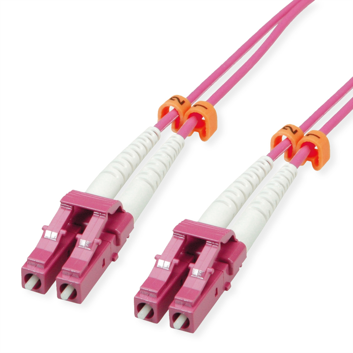 Deux câbles à fibre optique roses et blancs avec clips orange, sur fond blanc.