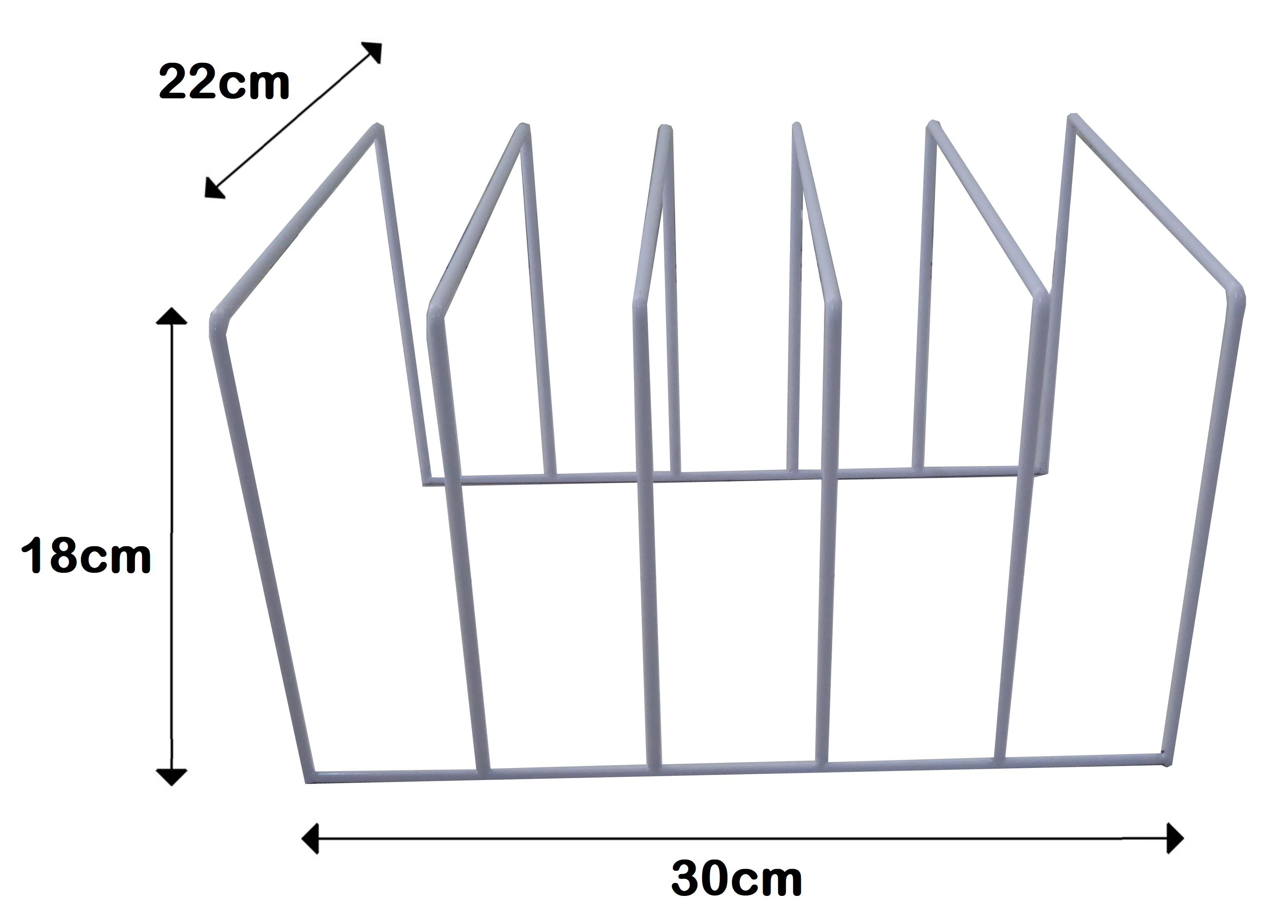Metall-Draht-Datei-Organizer mit den Maßen: 22 cm breit, 18 cm hoch, 30 cm lang.