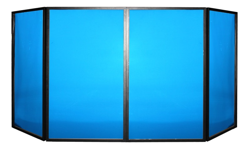 Vierteilige blaue Leinwand mit schwarzen Rahmen, ziehharmonikaartig gefaltet.