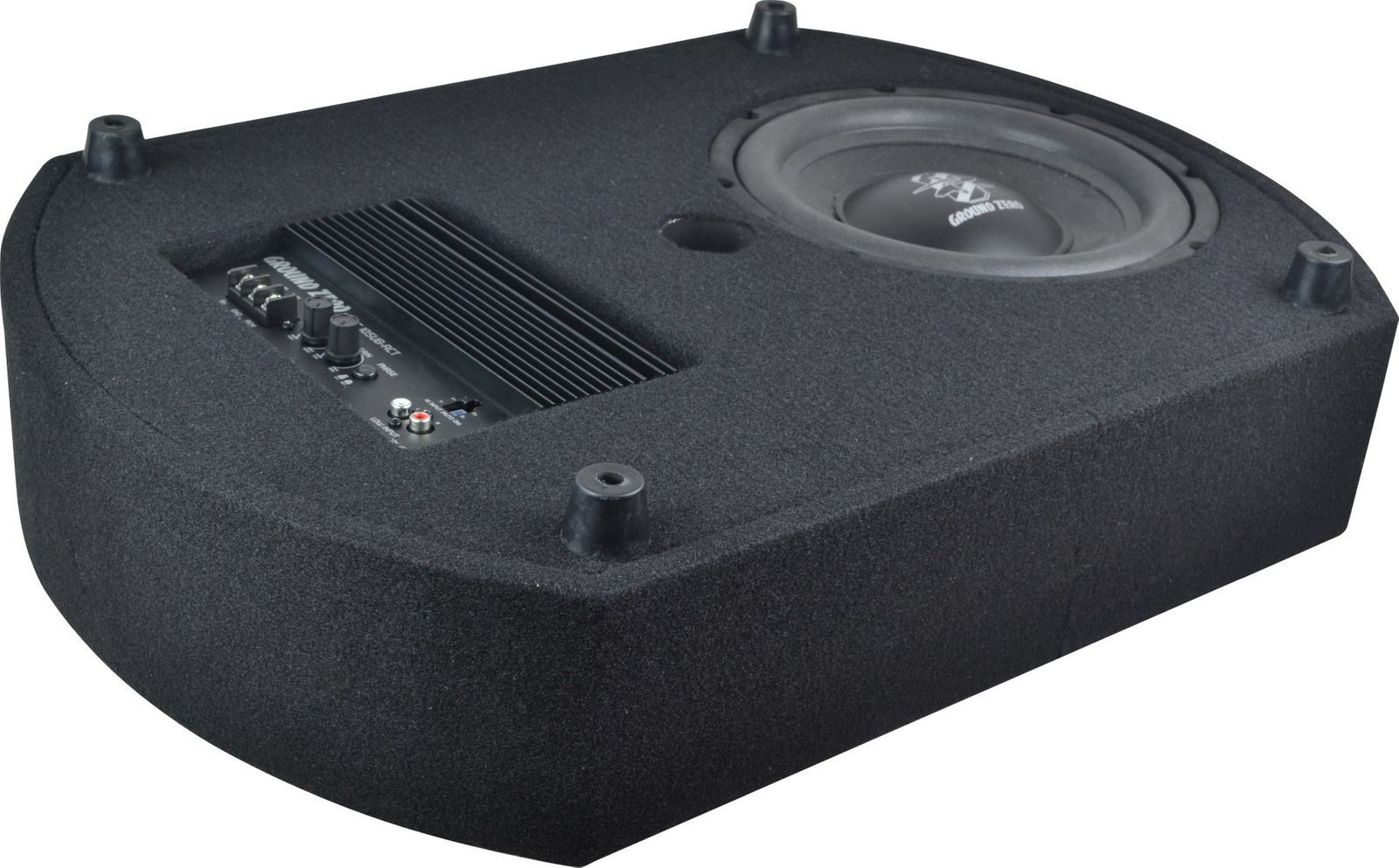 Schwarzer Subwoofer in einem gebogenen Gehäuse mit sichtbarem Lautsprecher und Verstärker.