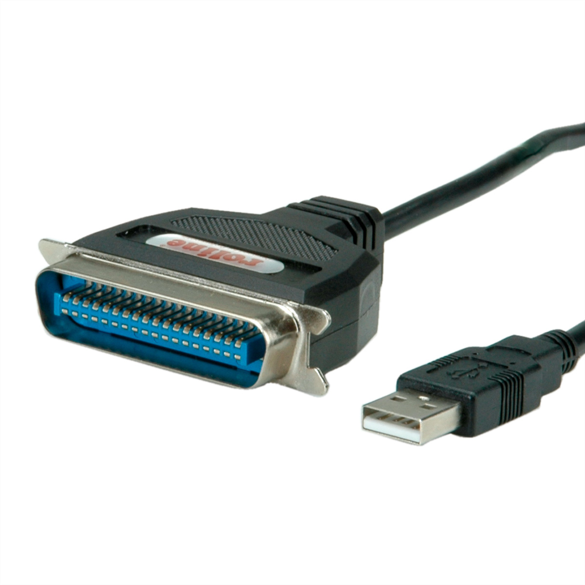 Schwarzes Parallelport-Kabel mit USB-Anschluss auf weißem Hintergrund.