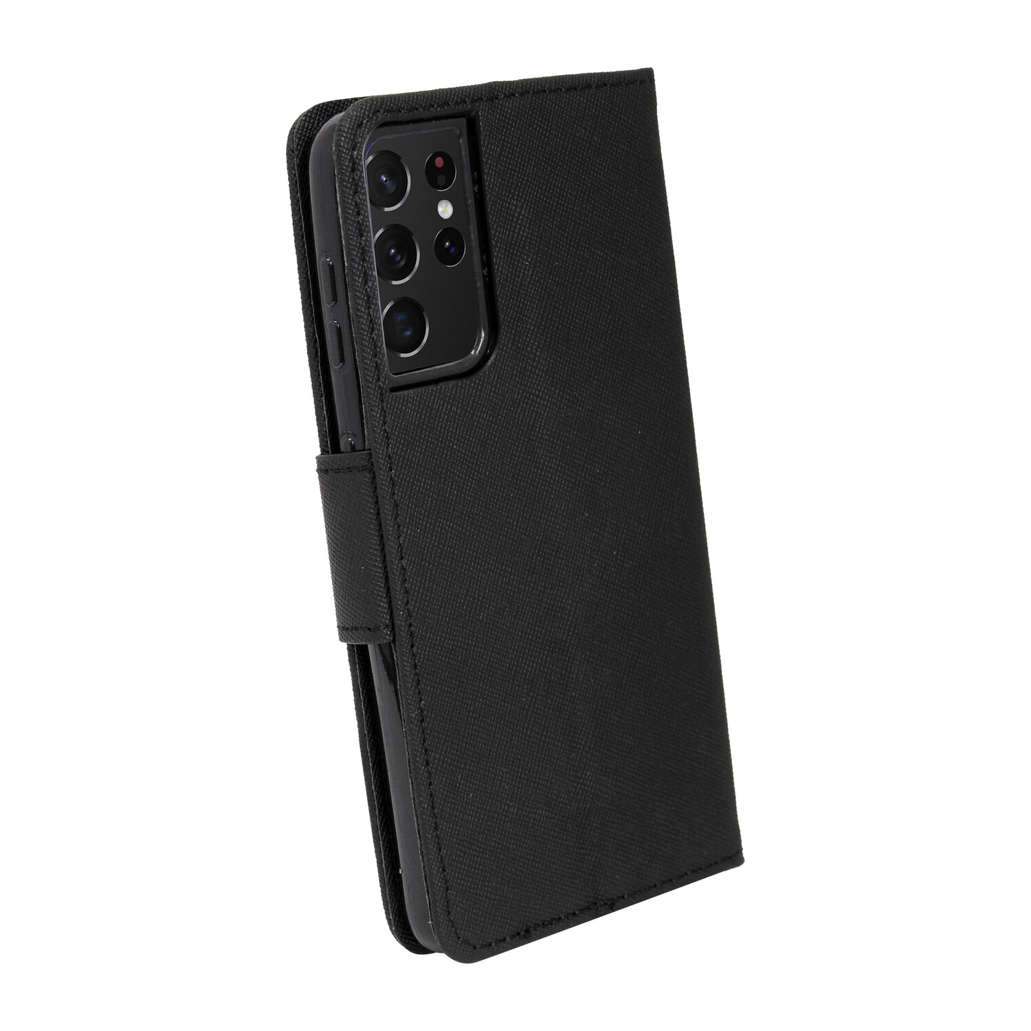 Eine schwarze Handyhülle mit Klappe. Sie bedeckt ein schwarzes Telefon. Weißer Hintergrund.