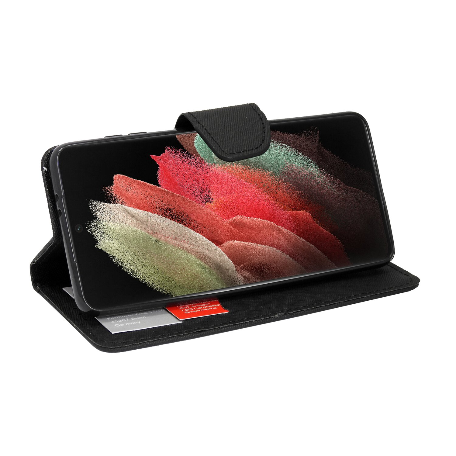 Schwarze Handyhülle offen mit Smartphone innen. Der Bildschirm zeigt ein buntes abstraktes Design.