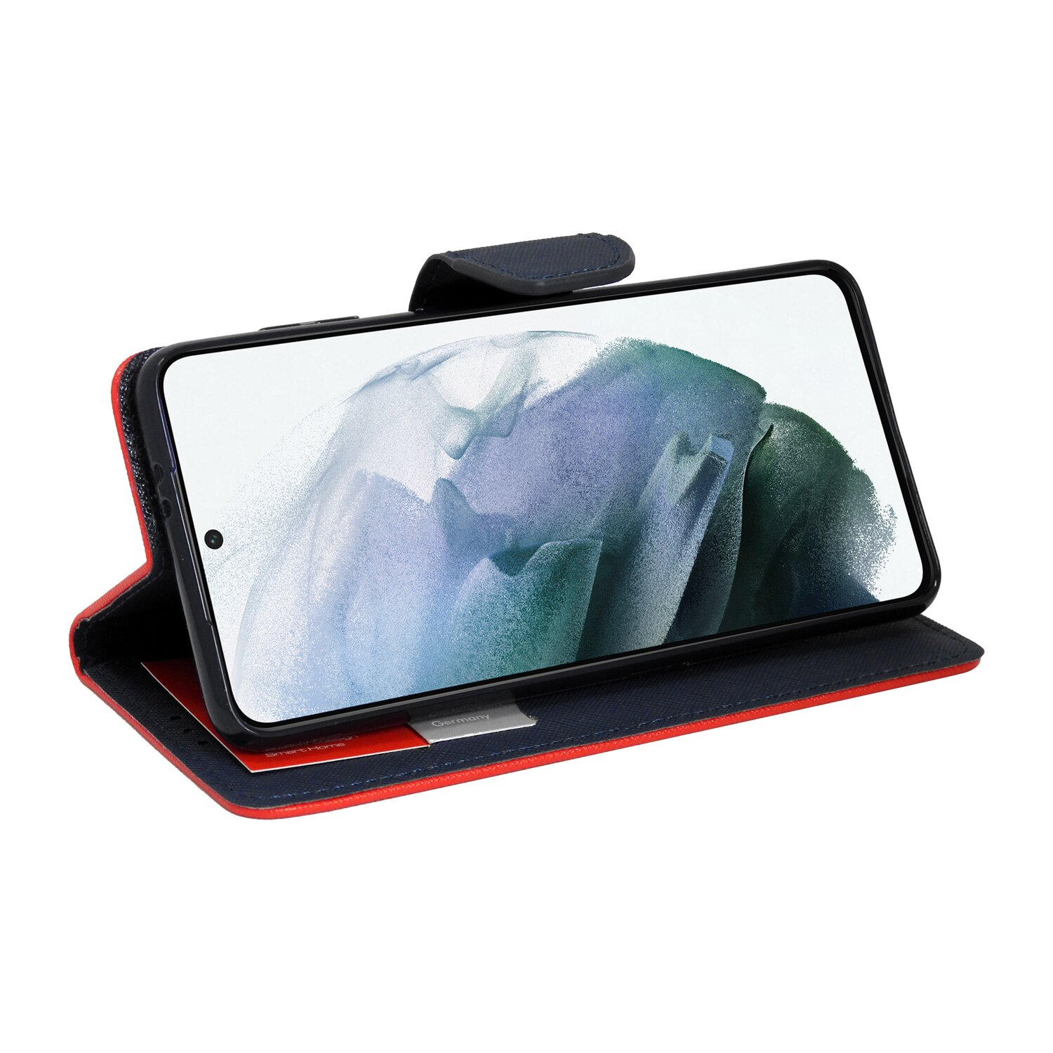 Schwarzes Telefon in roter und blauer Brieftasche, geöffnet, zeigt einen Bildschirm.