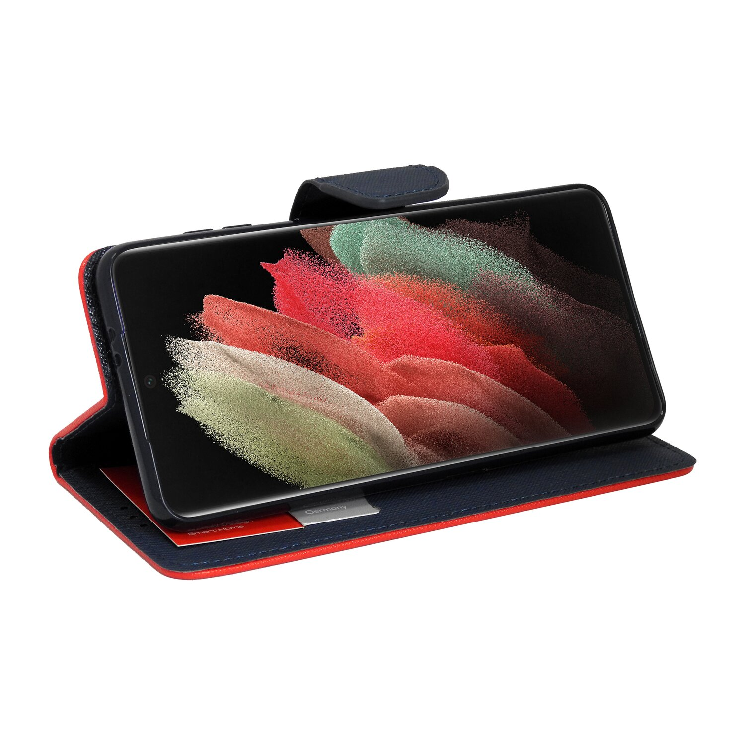 Ein schwarzes Smartphone in einer rot-blauen Brieftasche, geöffnet, um einen farbenfrohen abstrakten Hintergrund zu zeigen.