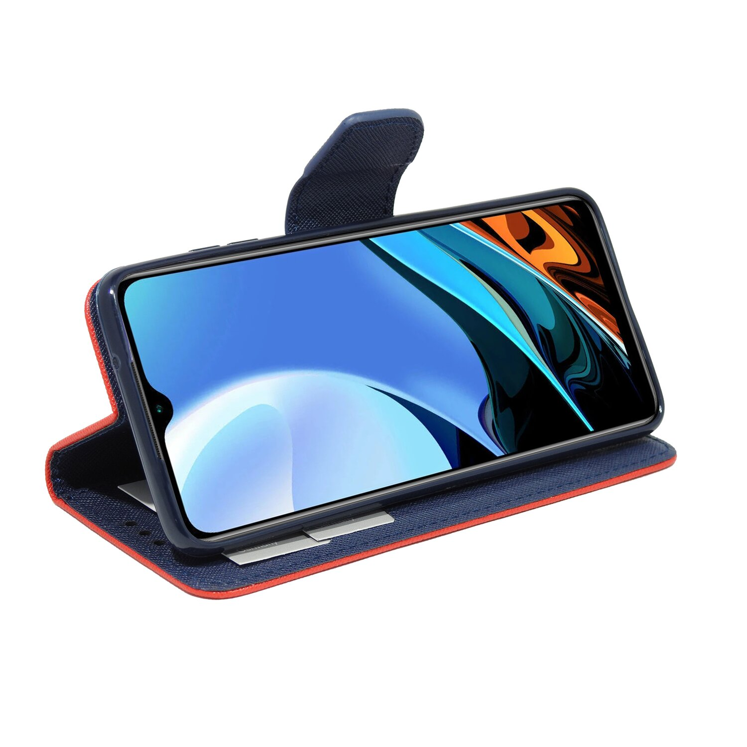 Ein Smartphone in einer blau-roten Hülle, geöffnet. Der Bildschirm zeigt ein farbenfrohes Bild auf weißer Oberfläche.