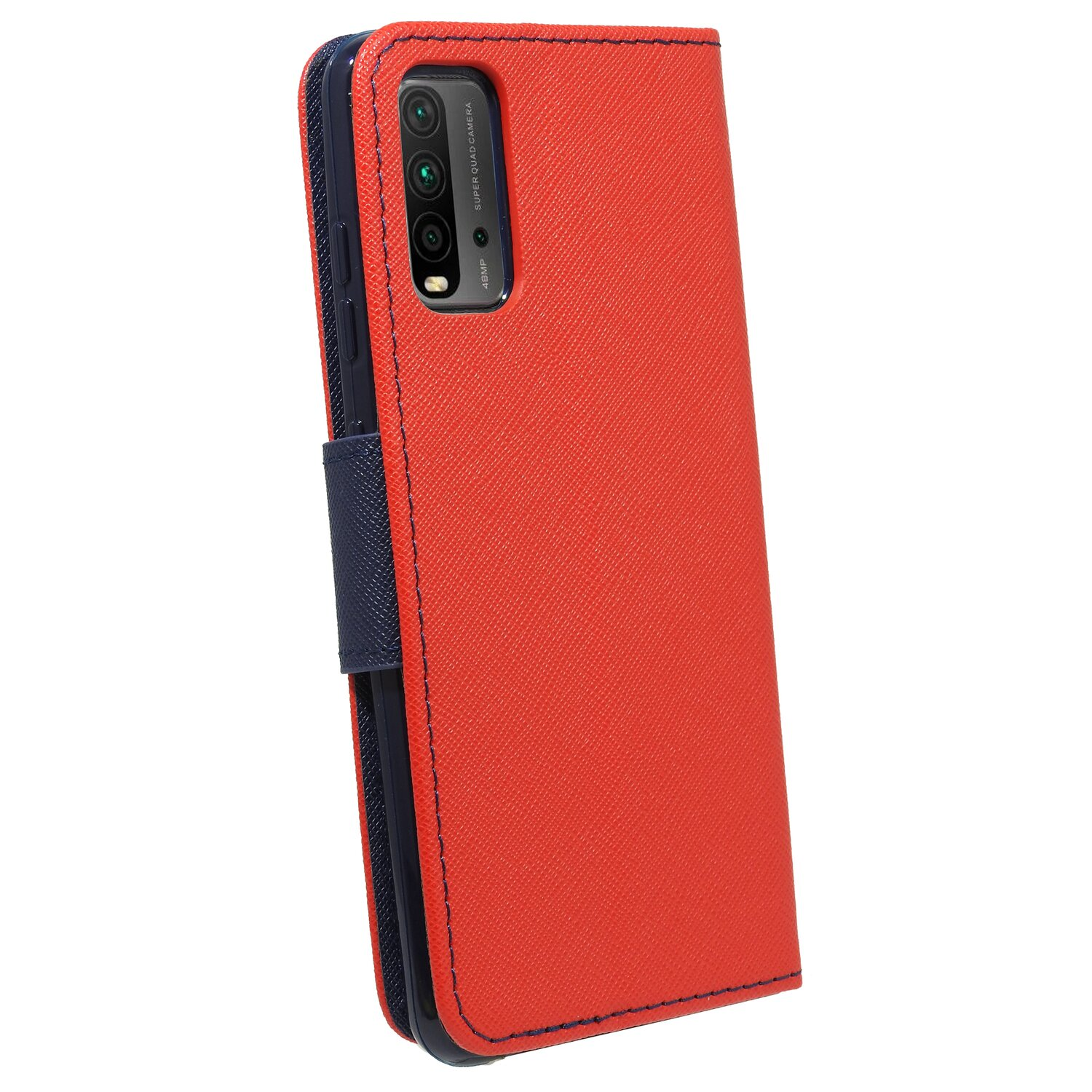 Rote und blaue Handyhülle, geschlossen. Das Telefon ist nicht sichtbar.