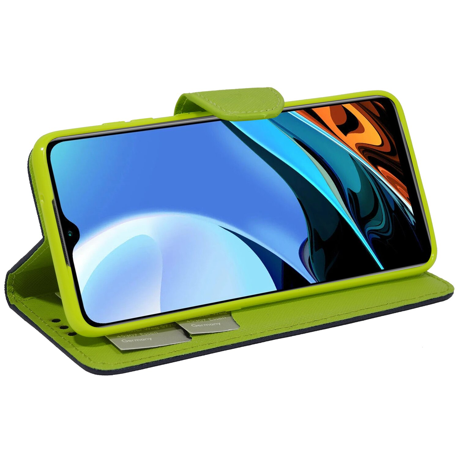 Grüne Handyhülle mit Telefon. Das Telefon zeigt ein blaues und orangefarbenes abstraktes Bild. Die Hülle ist offen.