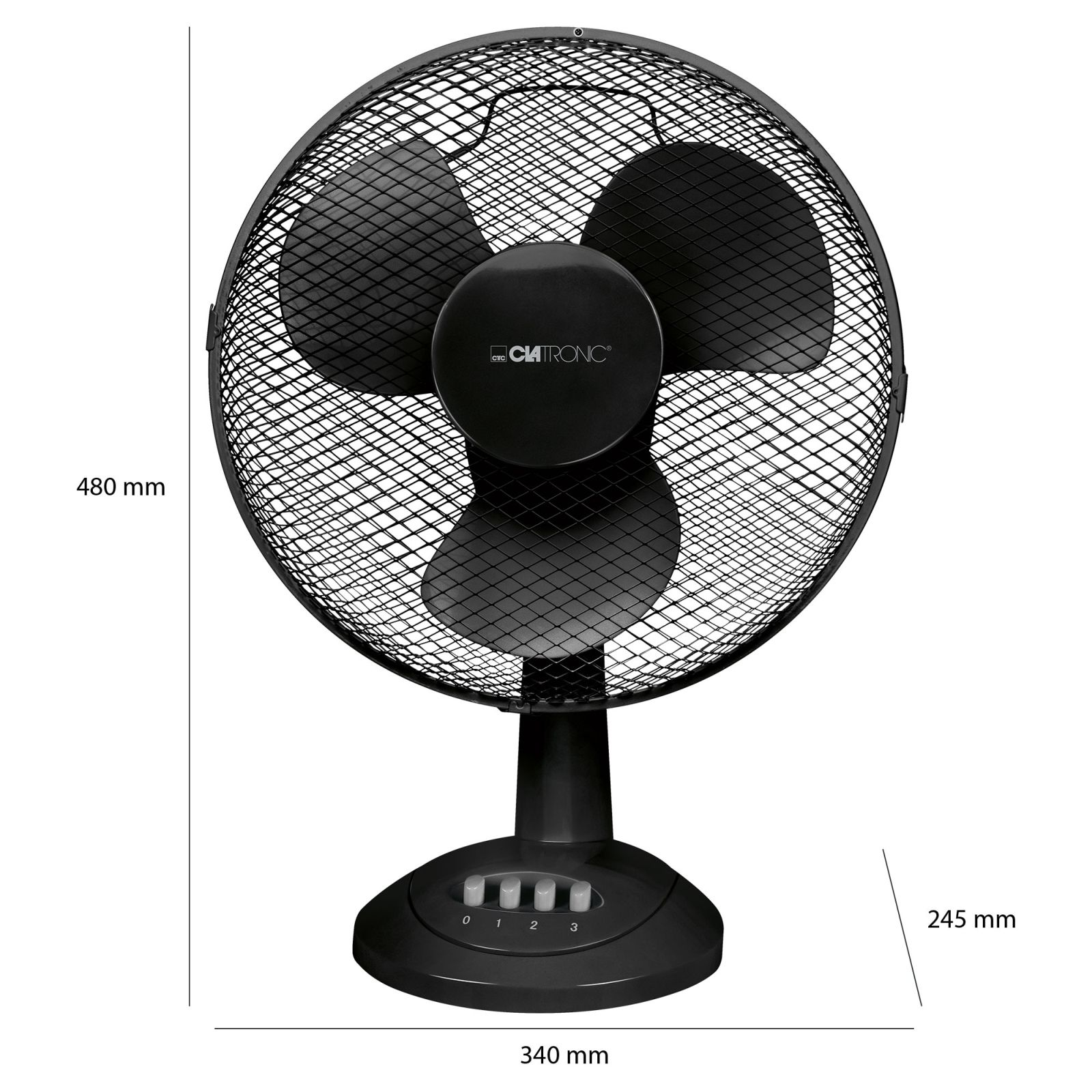 Czarny wentylator biurkowy z oscylacją. Trzy łopaty w siatkowej obudowie. Pokazano wymiary.