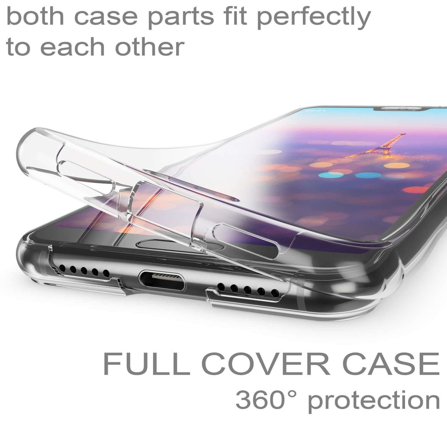 Transparente Handyhülle auf einem Telefon, das den Bildschirm zeigt.