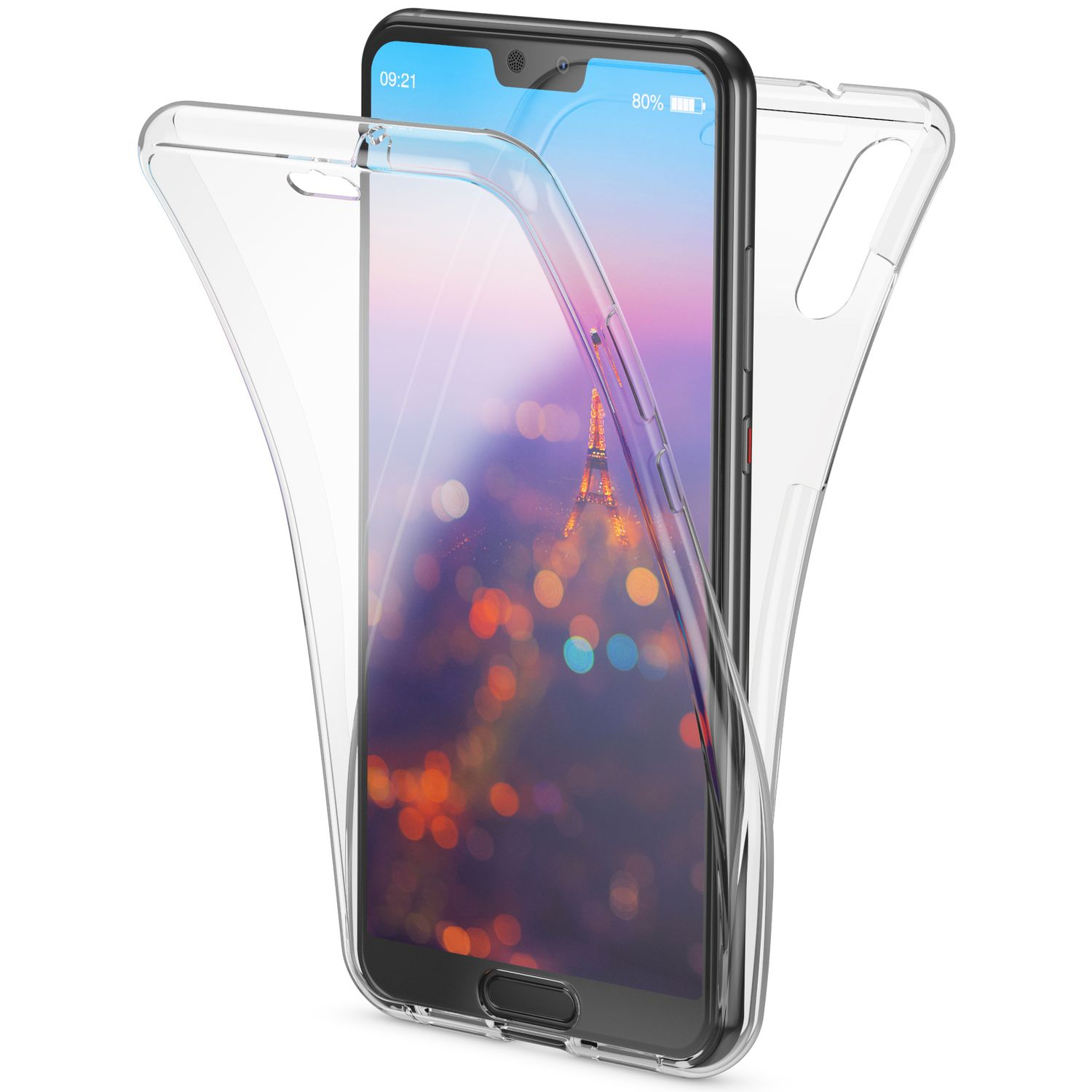 Coque de téléphone transparente sur un téléphone. Fond flou de la Tour Eiffel.