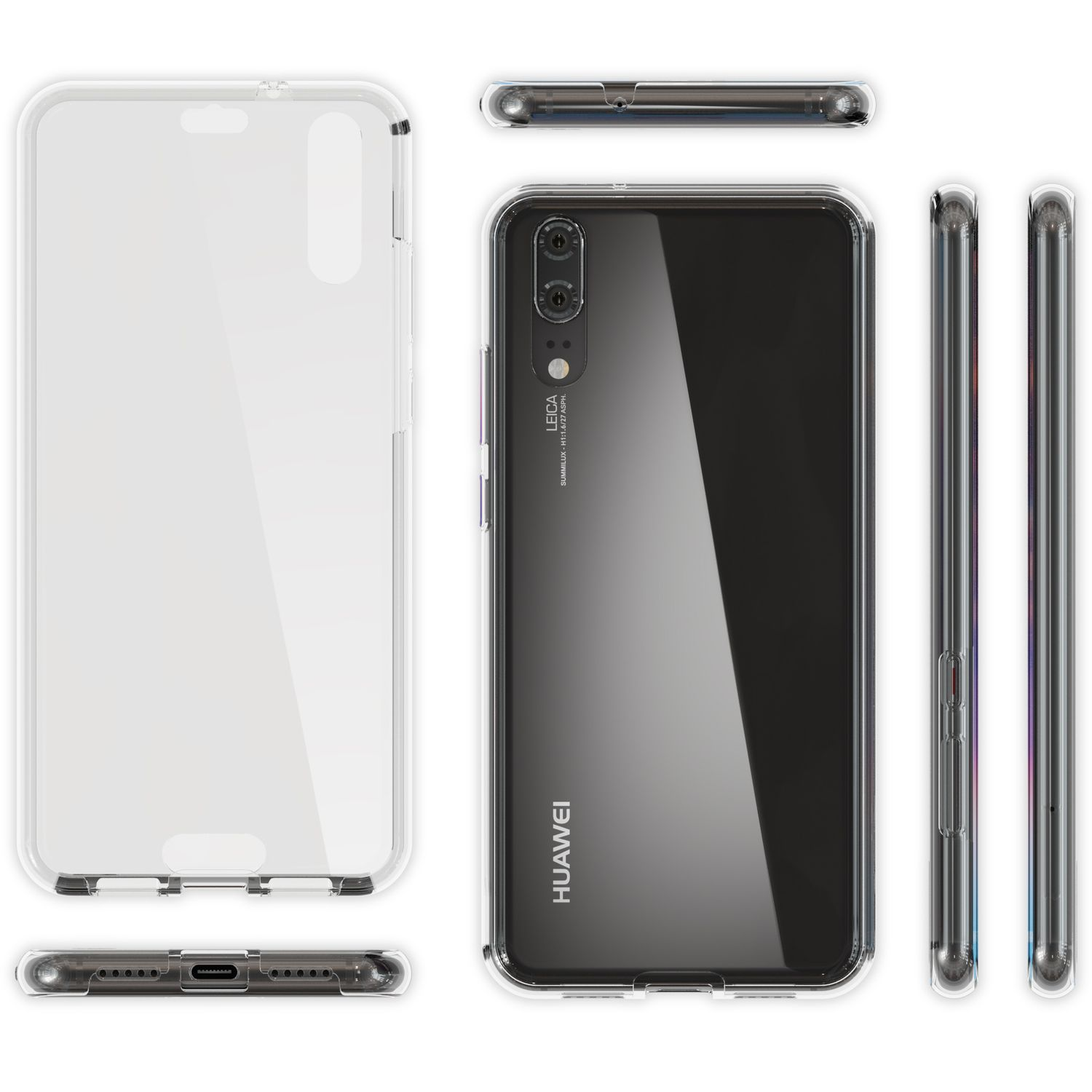 Coque de téléphone transparente montrant un téléphone Huawei. Plusieurs vues de la coque avec le téléphone à l'intérieur.