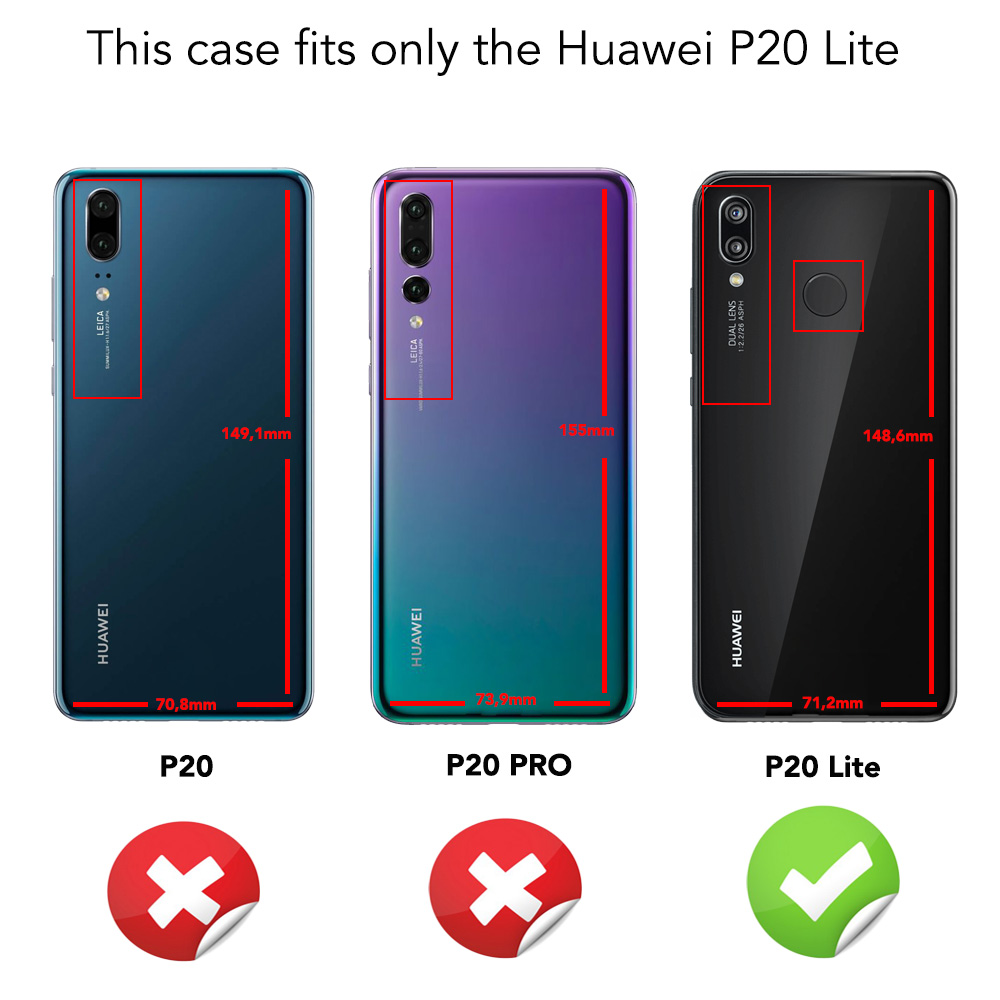 Drei Telefone mit Maßen. P20 und P20 Pro sind als inkompatibel gekennzeichnet, während P20 Lite kompatibel ist.