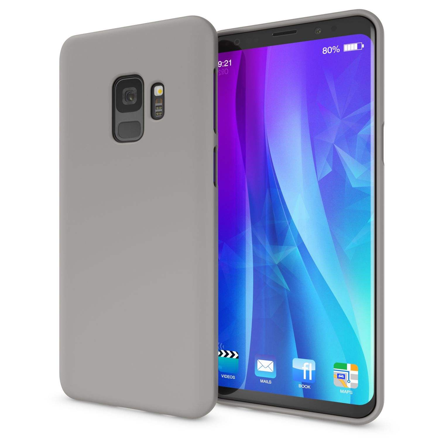 Graues Telefon in grauer Hülle, Bildschirm an.