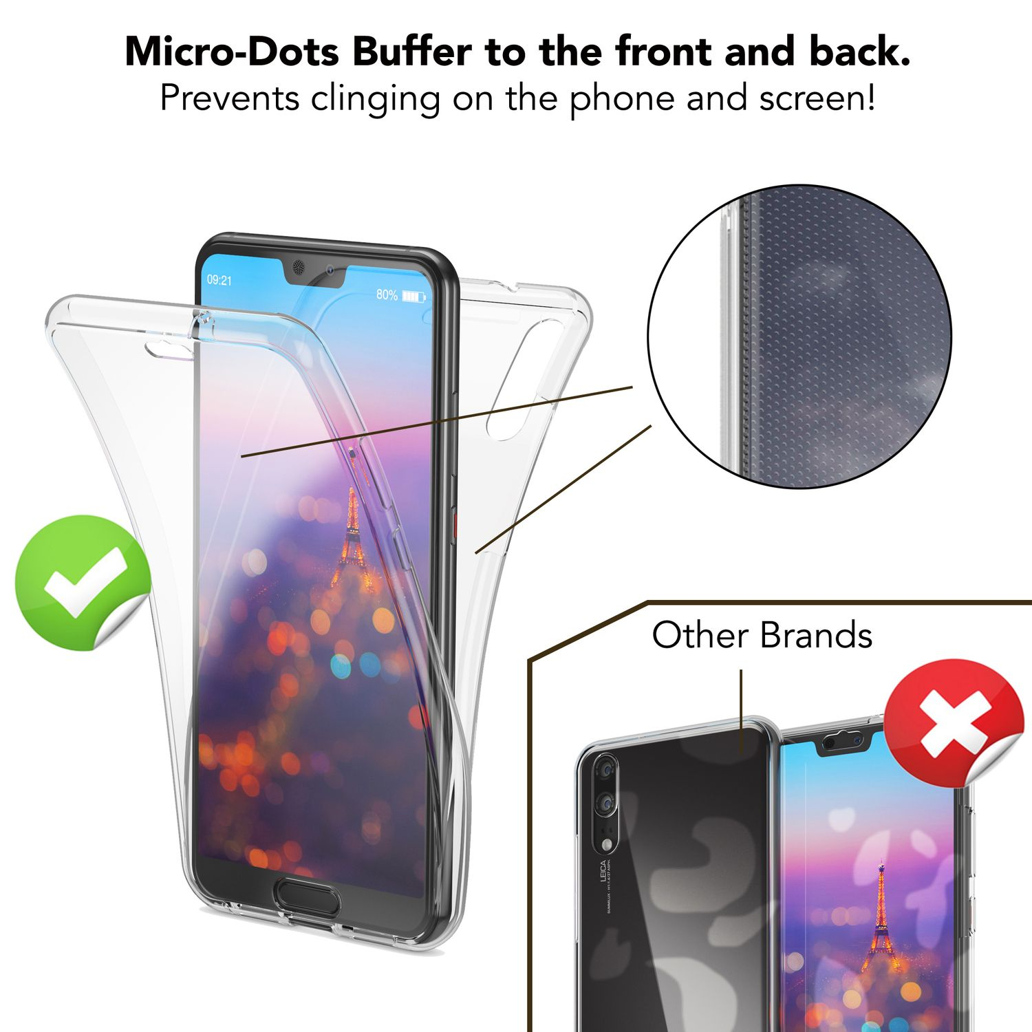 Transparente Handyhülle auf einem Telefon mit grünem Haken und rotem X auf einer anderen Hülle.