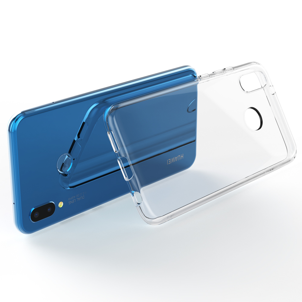 Blaues Telefon mit einer transparenten Hülle daneben, die Rückseite des Telefons zeigend.