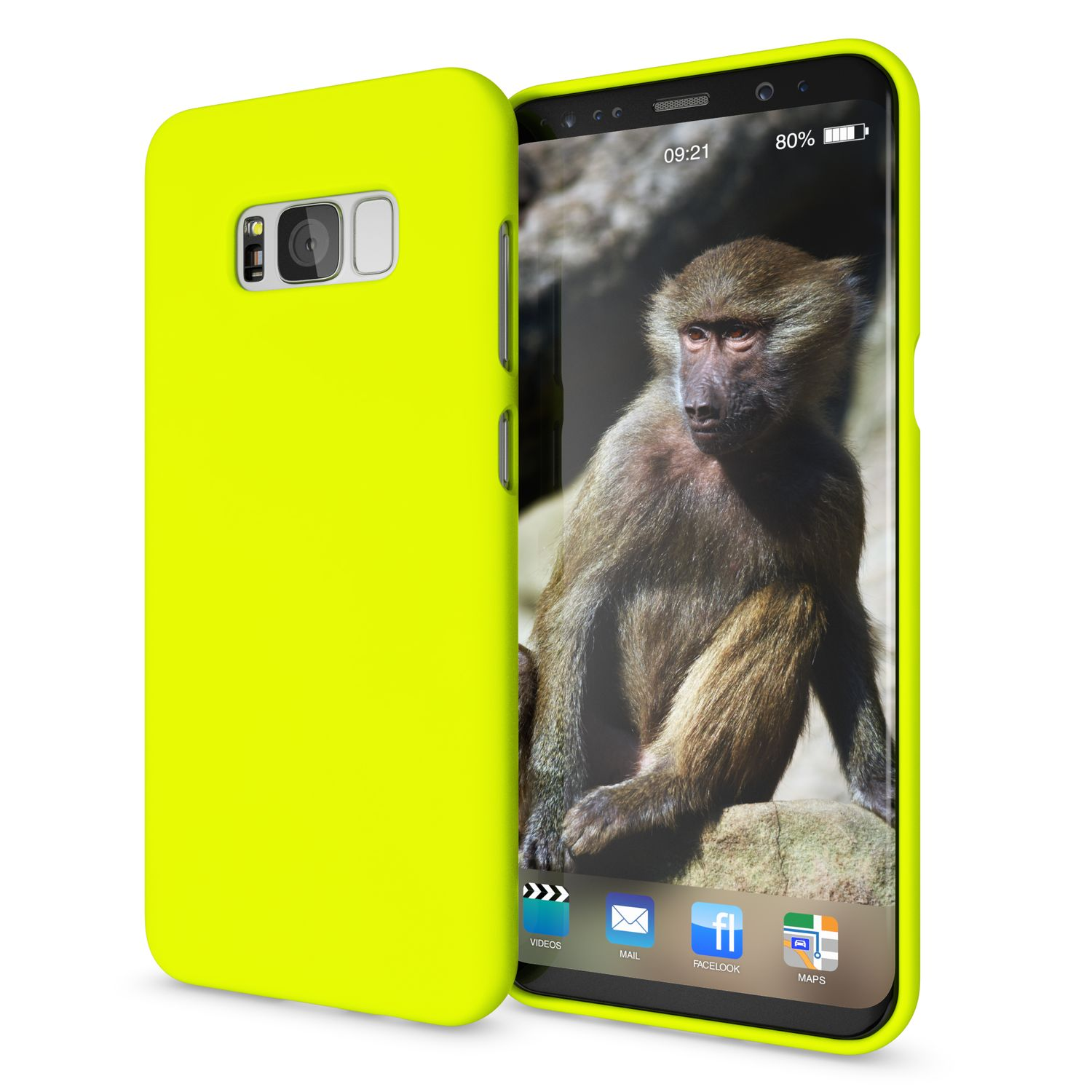 Gelbe Handyhülle auf Telefon mit Affenbild, auf weißem Hintergrund.