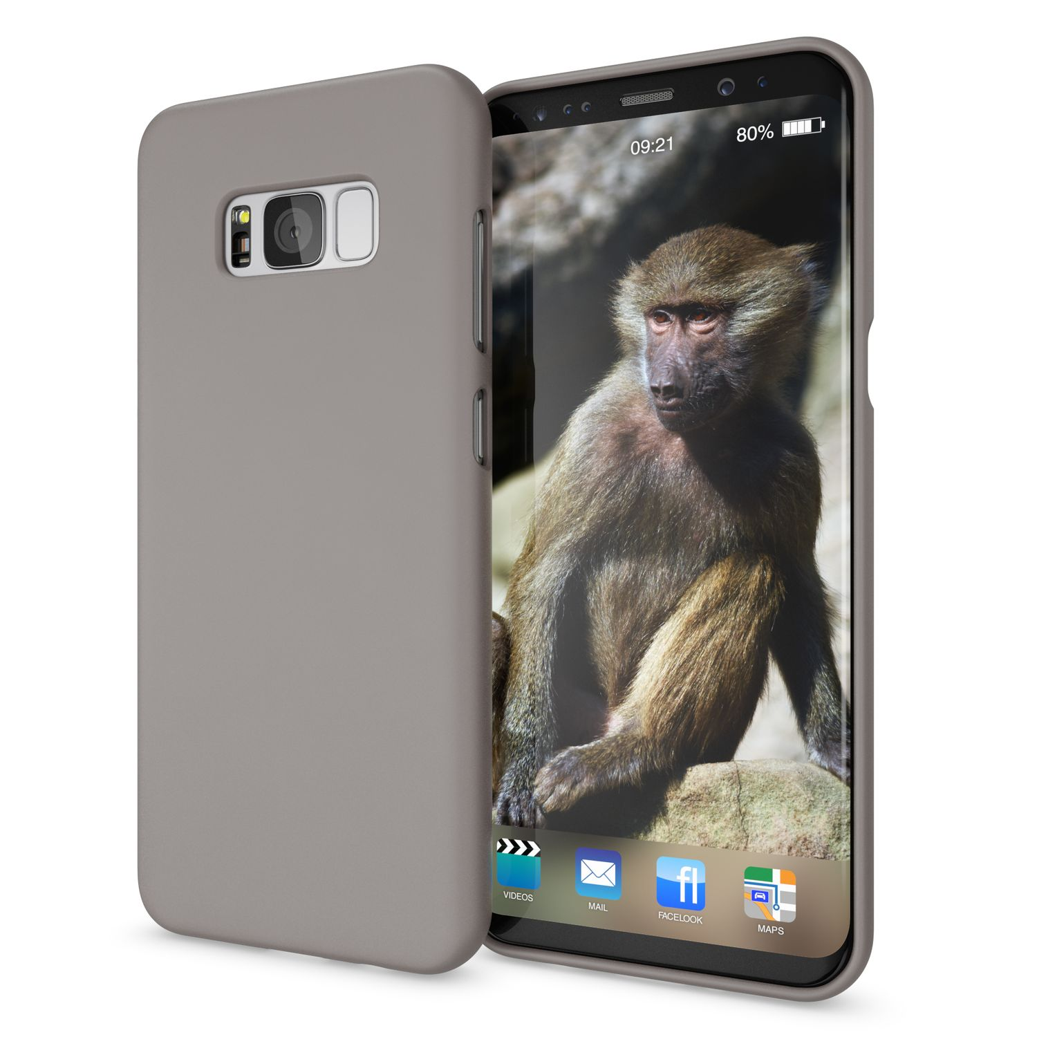 Ein graues Telefon mit grauer Hülle, das ein Affenbild auf dem Bildschirm zeigt.