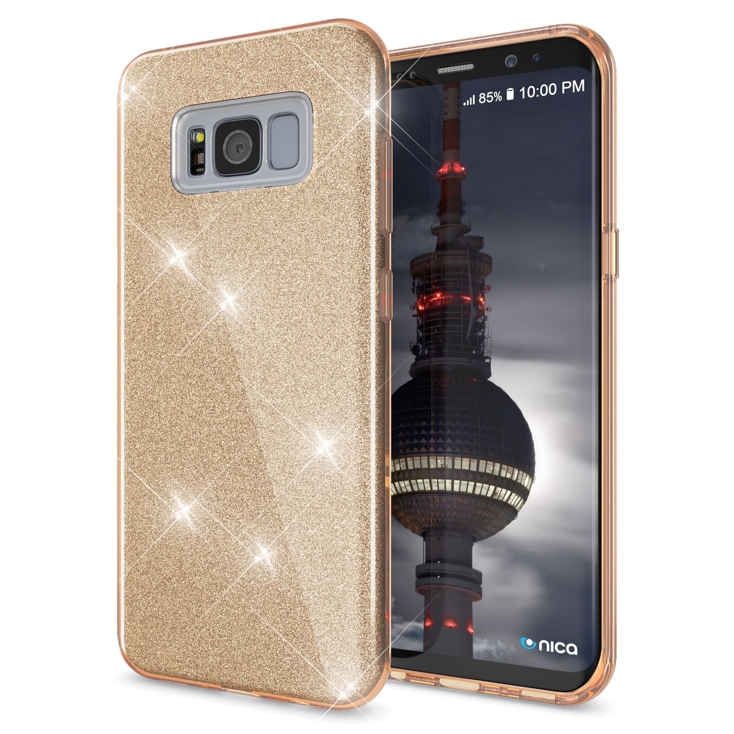 Goldene Glitzer-Handyhülle mit einem Telefon, das eine Stadtansicht zeigt, glitzernd.