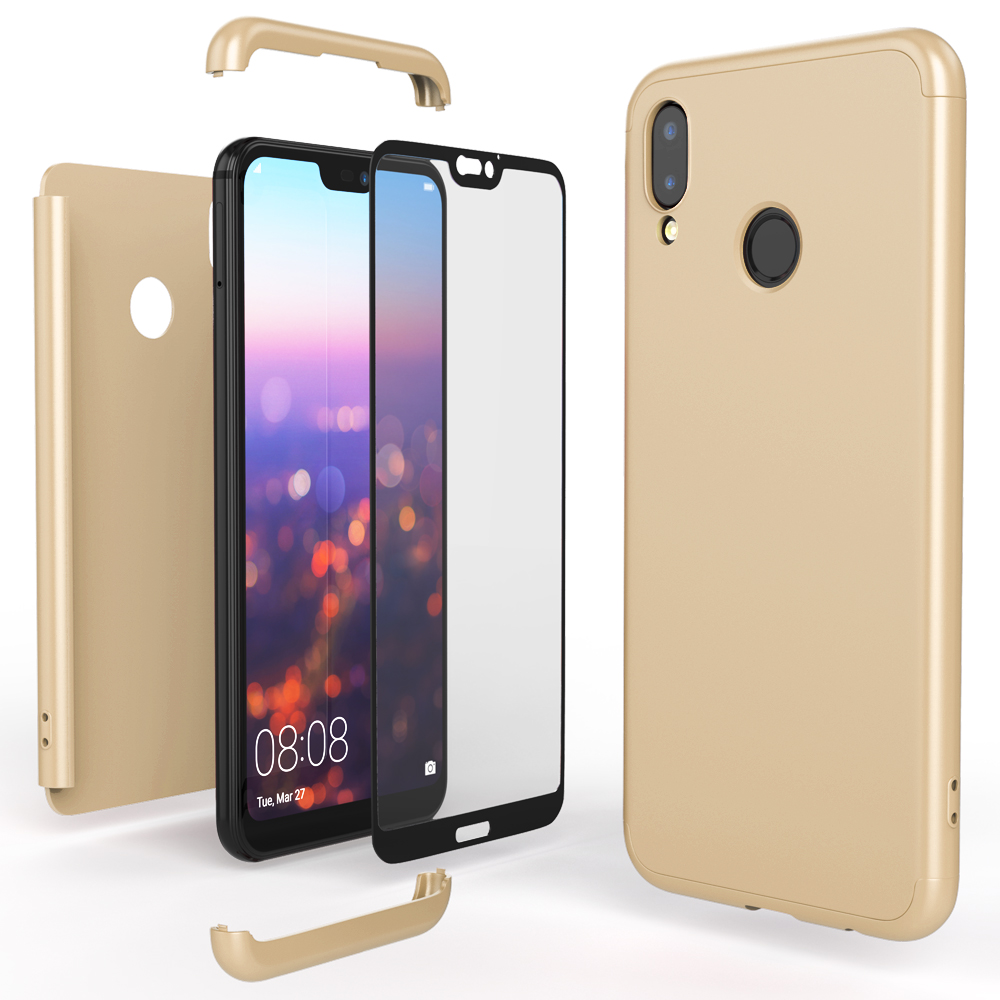 Eine goldene Handyhülle wird zerlegt dargestellt, um Telefon und Displayschutz zu zeigen. Das Telefon ist gold und schwarz.