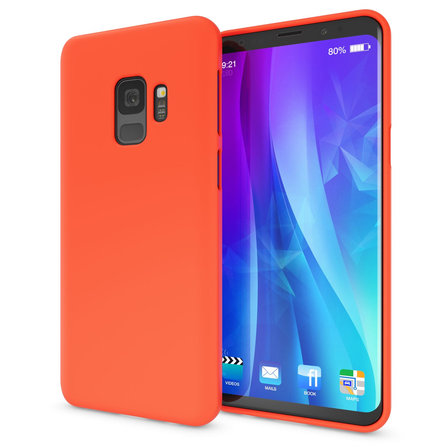 Orange Handyhülle neben einem Handy mit lila und blauem abstraktem Hintergrundbild.